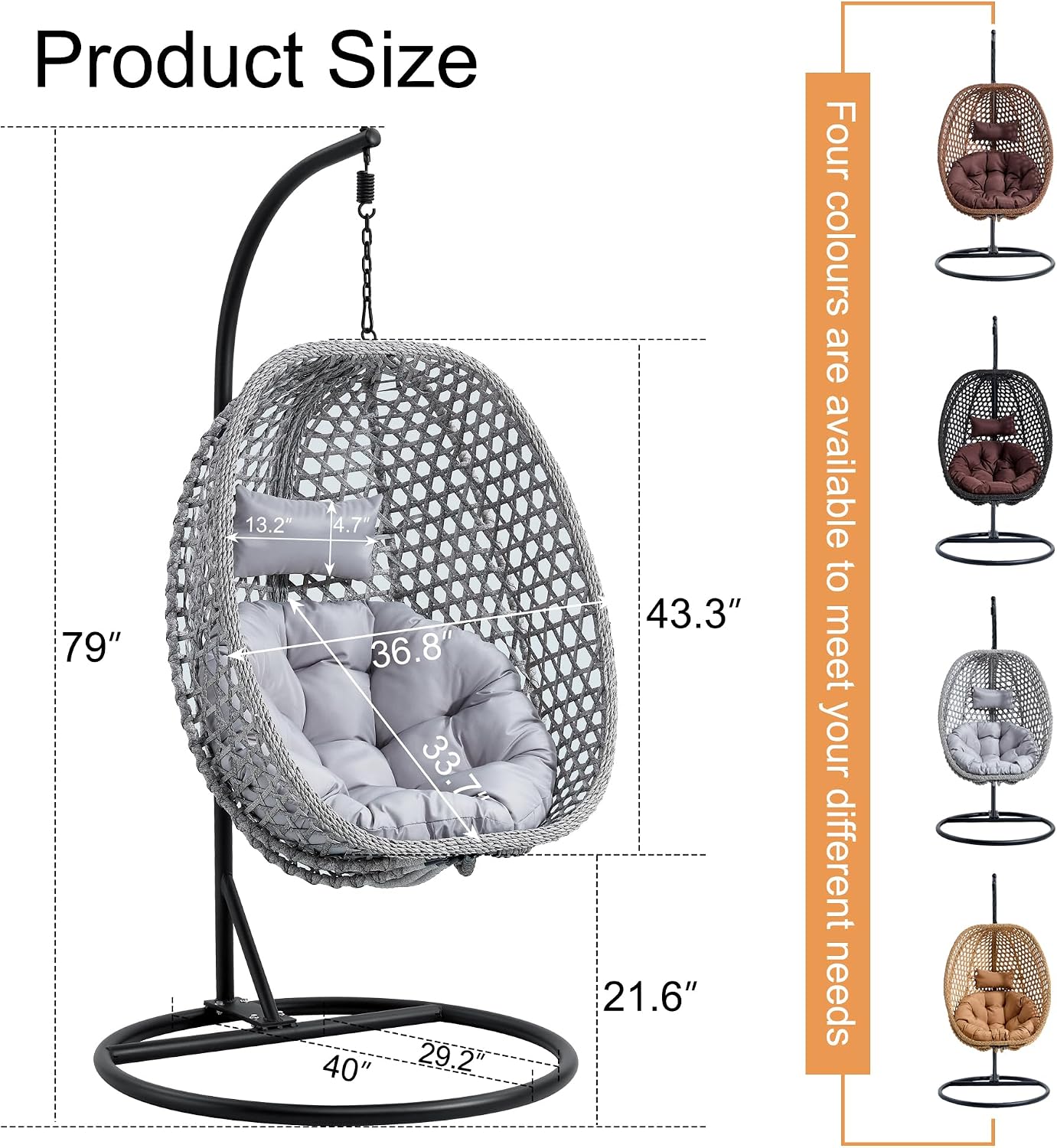 Egg Swing Chair Outdoor with Stand, Swinging Chair Outdoor,Hanging Egg Chairs with Cushion and Pillow, Foldable Basket and Metal Stand for Porch, Patio, Bedroom, Balcony (Grey)