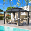 YOLENY 10'x12' Gazebo with Galvanized Steel Roof, Hardtop Double Roof with Anti-Rust Coating, Outdoor Gazebos with Curtains and Netting, Sunshade for Gardens, Lawns, Deck