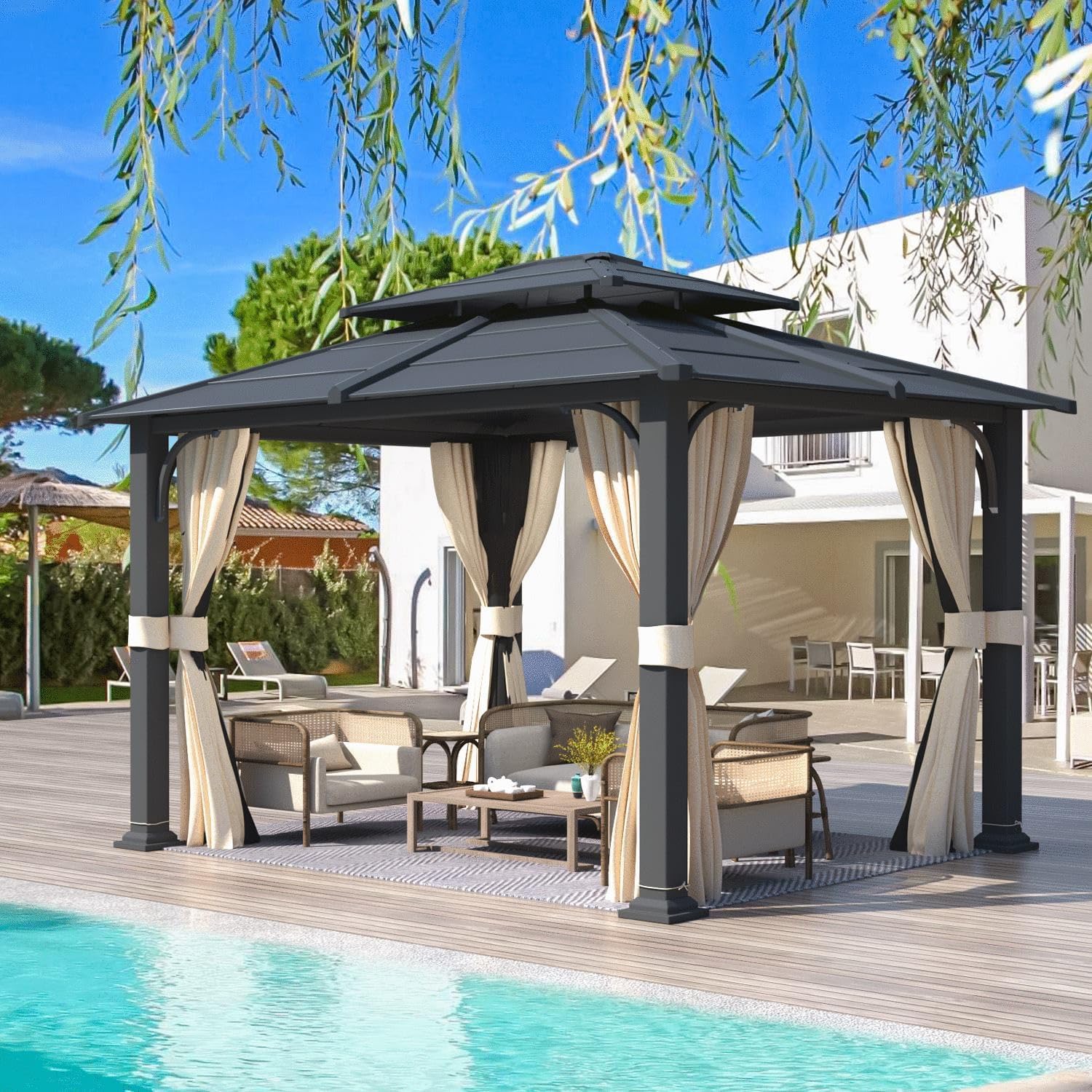 YOLENY 10'x12' Gazebo with Galvanized Steel Roof, Hardtop Double Roof with Anti-Rust Coating, Outdoor Gazebos with Curtains and Netting, Sunshade for Gardens, Lawns, Deck