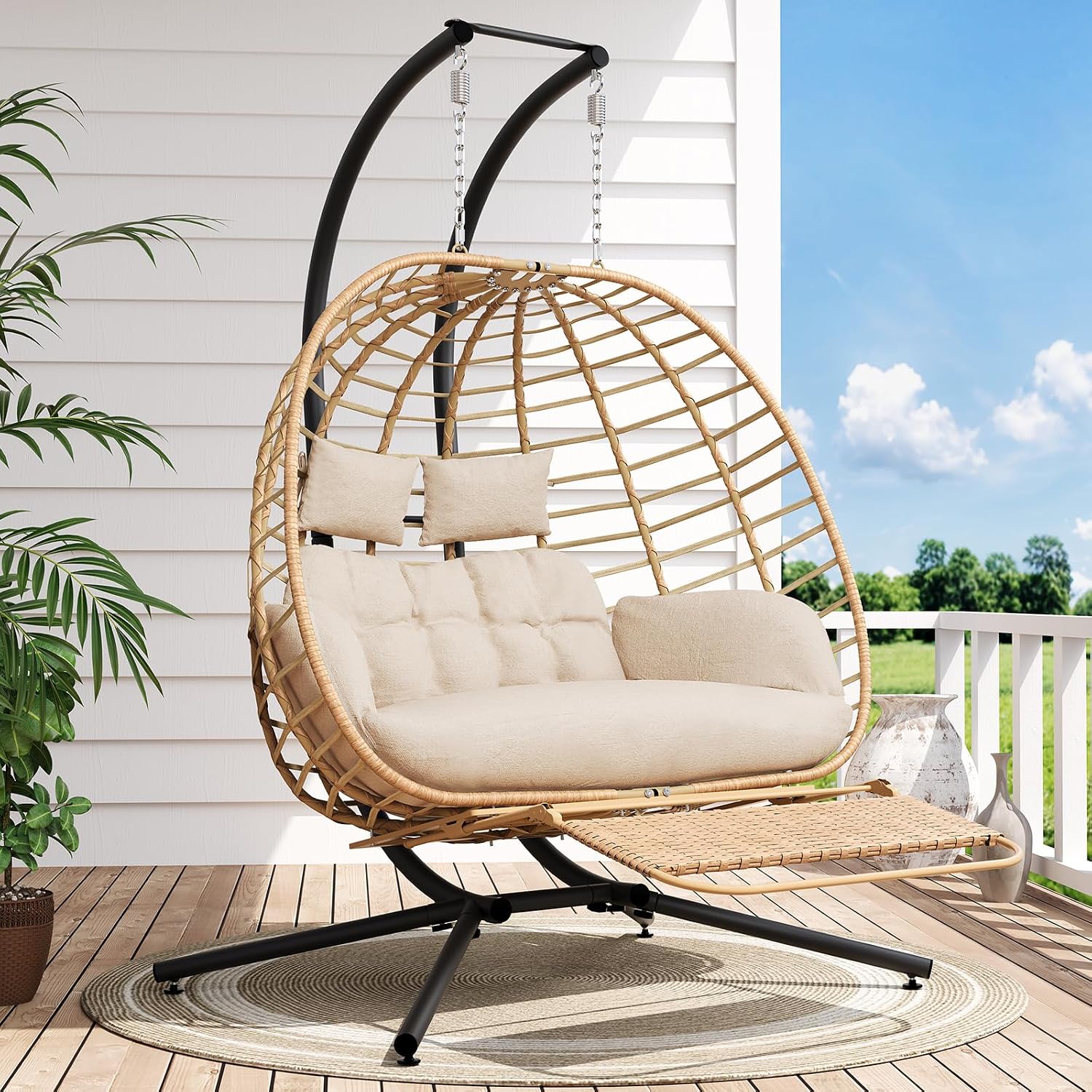 SWITTE Double Hanging Egg Chair with Stand & Footrest, Outdoor Patio 2 Person Wicker Hammock Swing Chairs with Cushion for Indoor Bedroom, Lawn, Garden-Natural