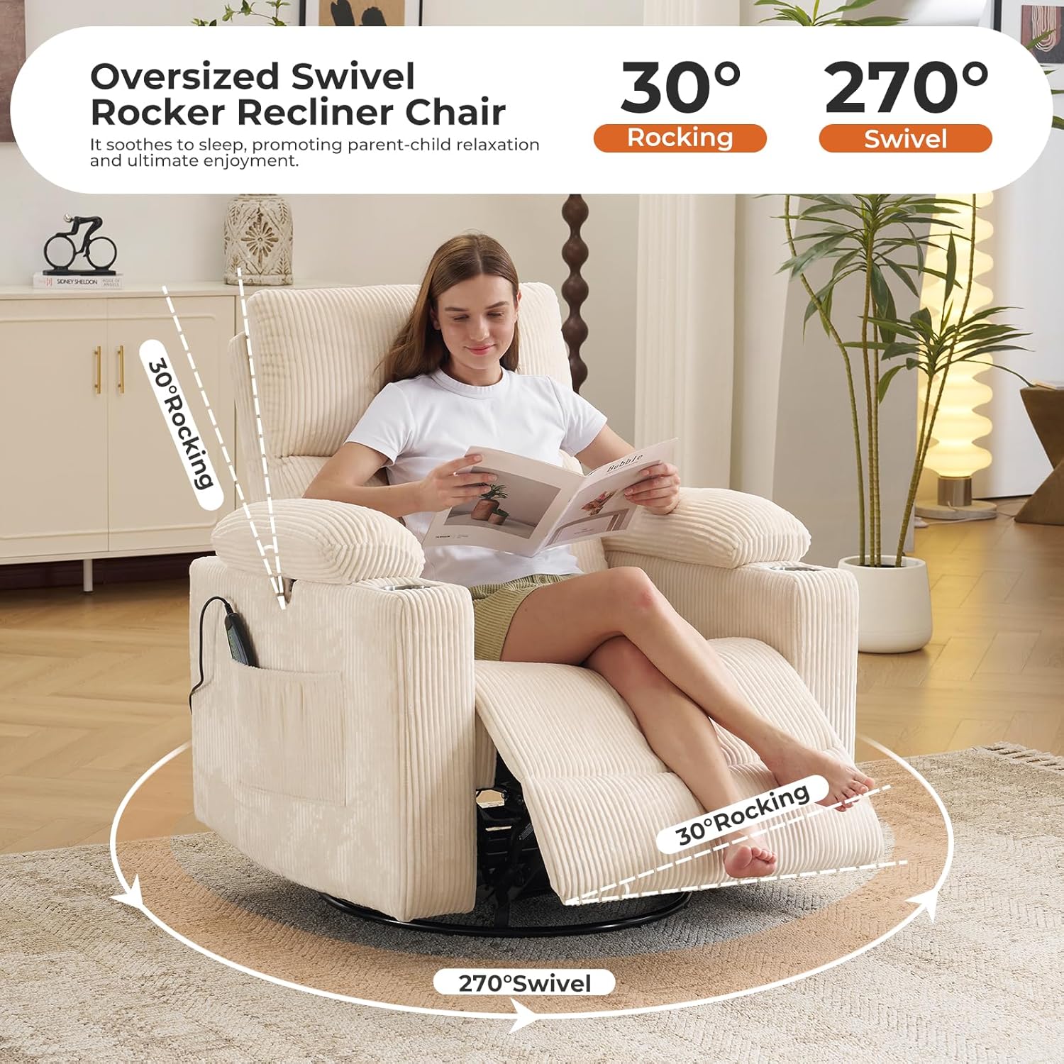 Rocking Chair Nursery with Adjustable Armrests, Electric Glider Recliner Nursing Chair for Breastfeeding with Ottoman, Power Swivel Recliner Chairs with Massage and Heat, Corduroy Beige