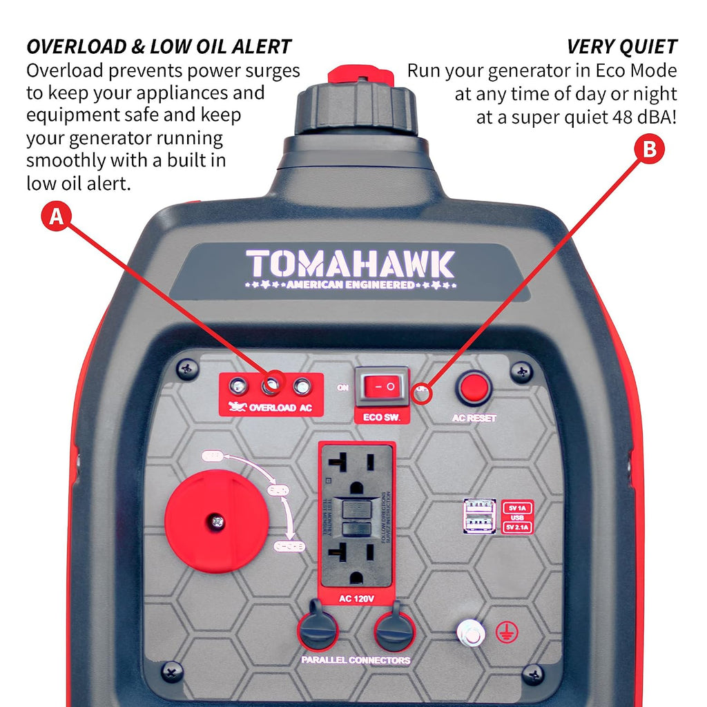 TOMAHAWK 2000 Watt Inverter Generator Super Quiet Portable Power For Residential Home Use 120V and USB Outlet Panel