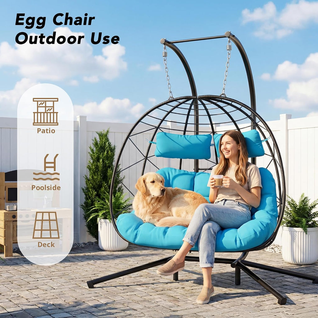 Easyego Set of 2 Wicker Hanging Egg Chairs with Stand, 700 lb Capacity, Indoor/Outdoor Double Egg Swing Hammock Chairs for Patio, Garden, Porch, Living Room, Bedroom, Blue