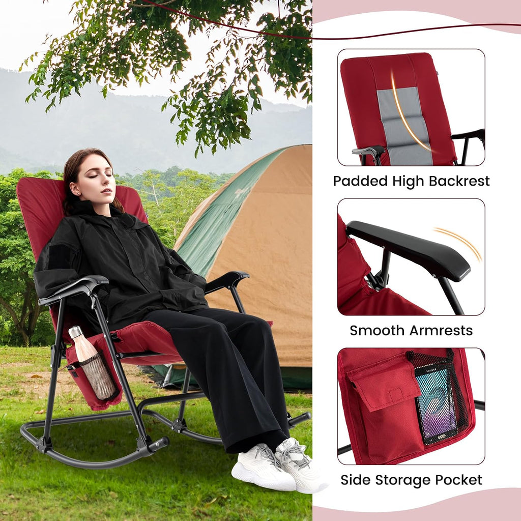 Goplus Oversized Folding Rocking Chair, Padded Patio Lounge Rocker w/Metal Frame, Armrests, Side Pocket, Lightweight Portable Rocking Chair for Backyard Camping Travel, Supports up to 500 lbs(2,Red)
