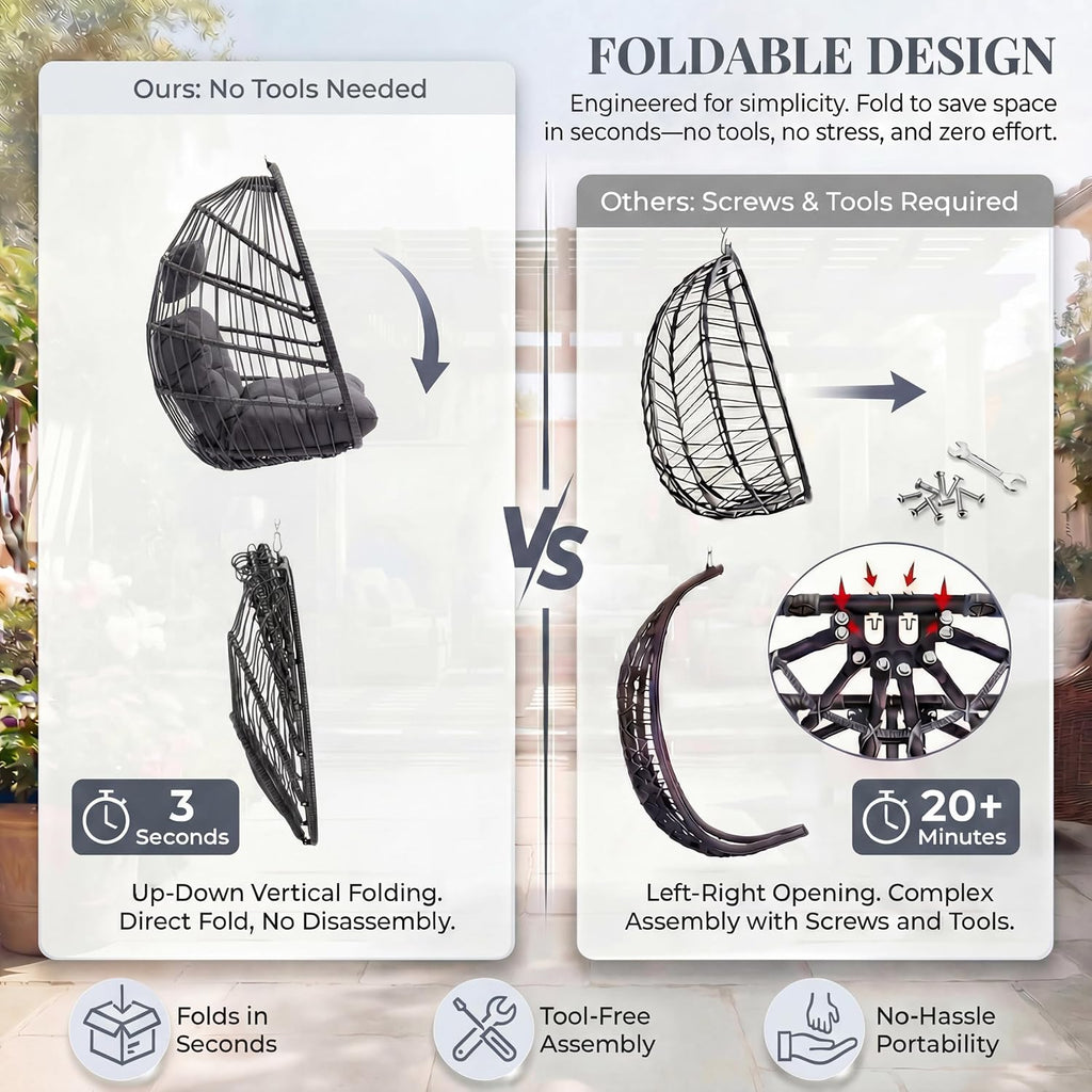 BULEXYARD Outdoor Egg Swing Chair with Stand, 350 Lbs Heavy-Duty Rattan Hammock Hanging Wicker Patio Chair with Cushion, Comfy Eggshell Basket for Indoor Bedroom Balcony Garden Porch, Dark Grey