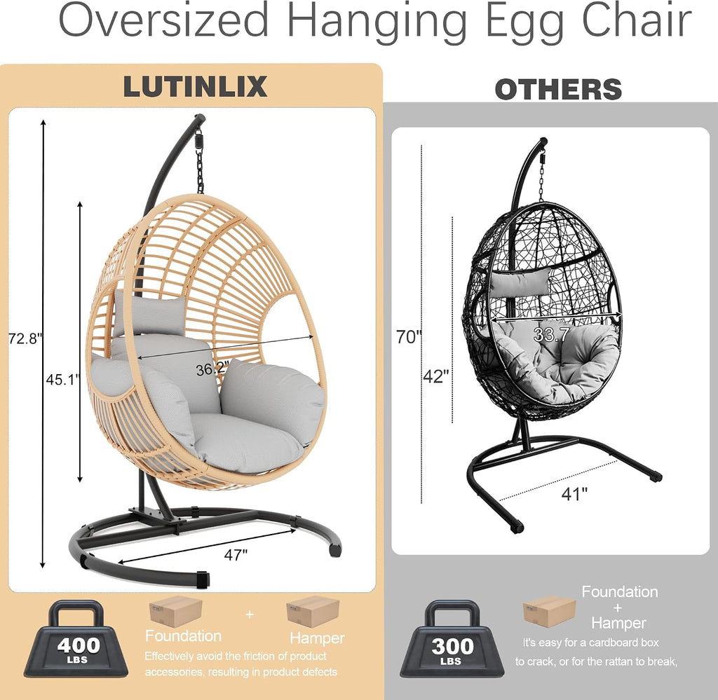 Oversized Hanging Egg Chair Outdoor Indoor, Wicker Swing Egg Chair with Stand 400lbs Capacity for Bedroom, Patio, Garden and Balcony (Beige-Regular, Oversize)