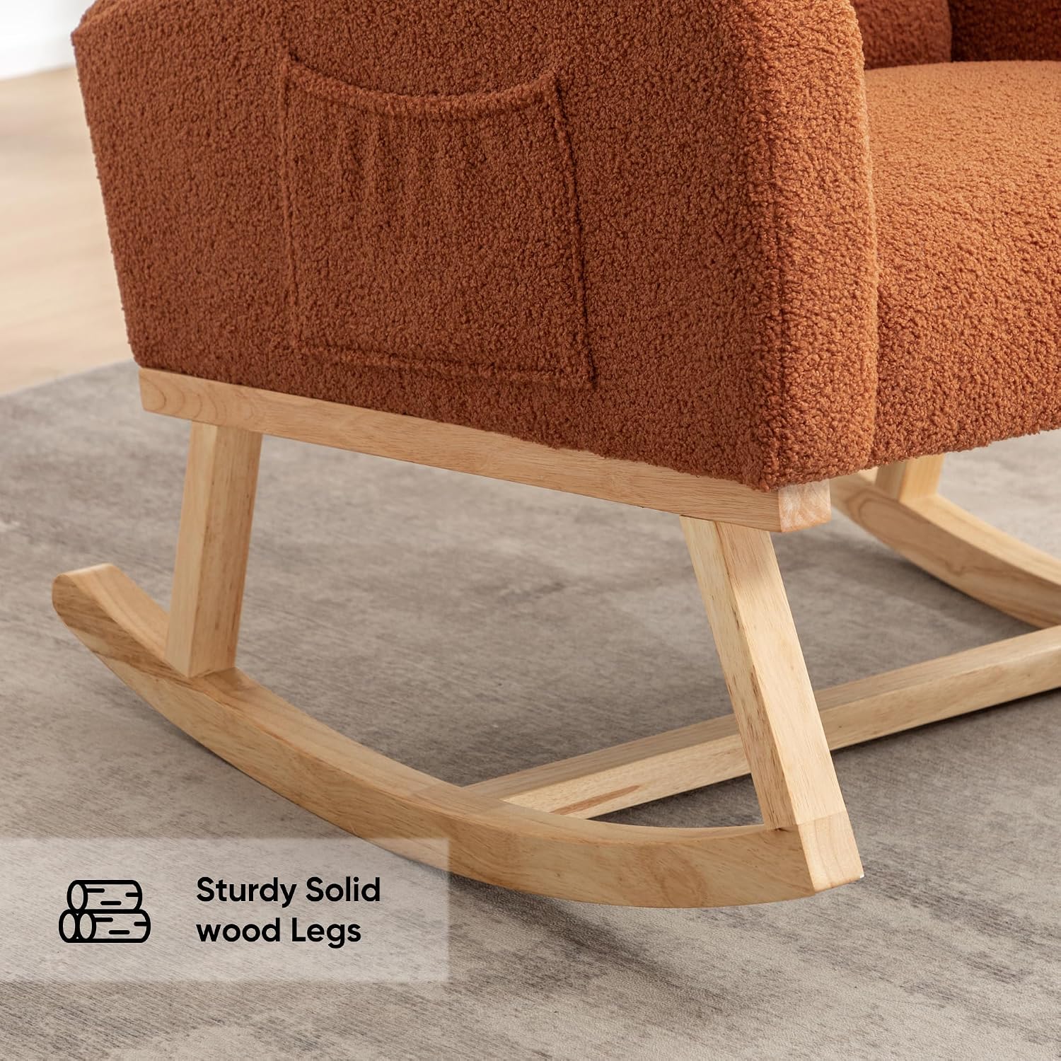 HCHAIRH Rocking Chair Nursery, Sherpa Nursing Rocking Chairs, Upholstered Nursery Glider Rocker for Mom Nursery Morden Accent Rocking Chair with Side Pocket for Living Room,Bedroom,Teddy Brown