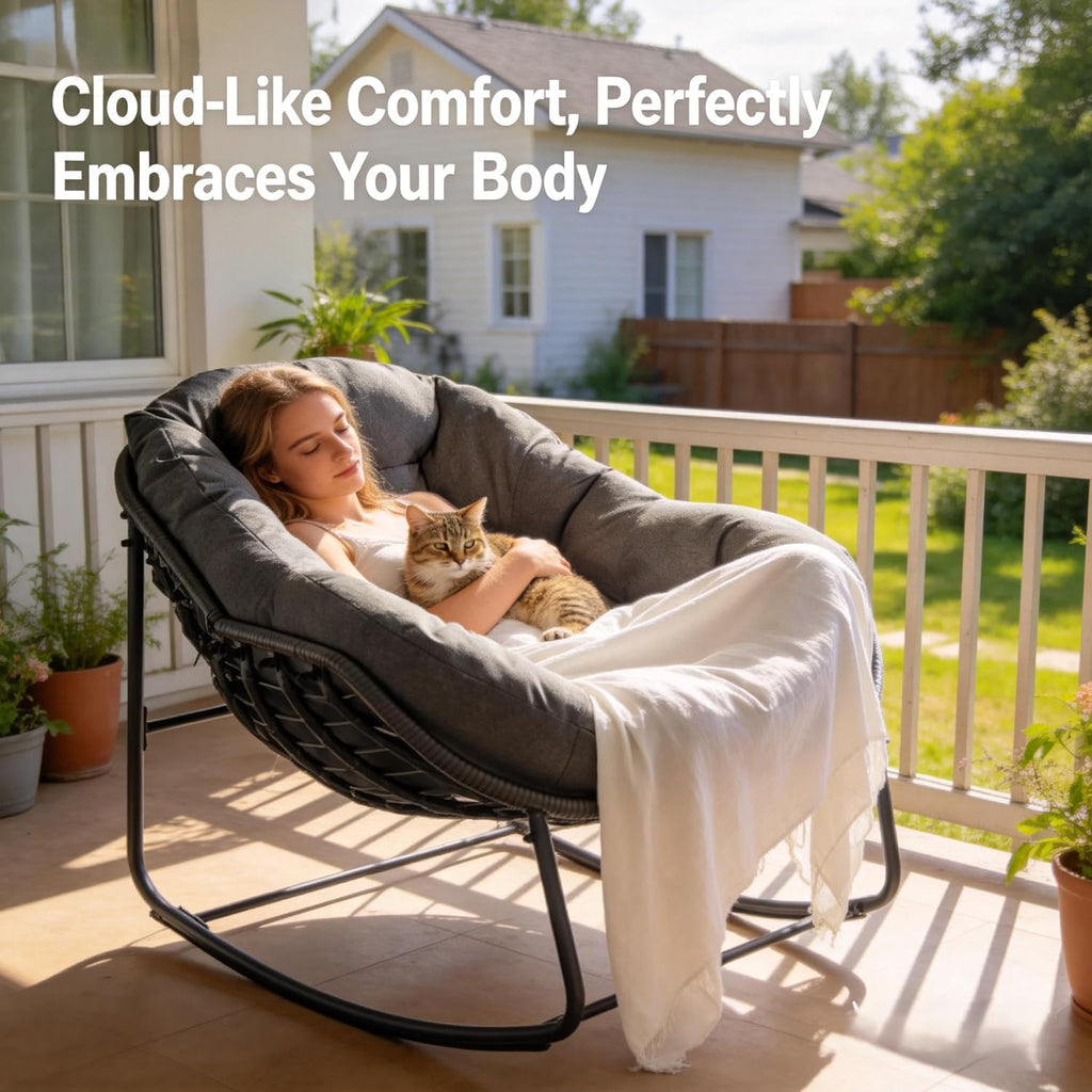 Oversized Outdoor Papasan Rocking Chair with Soft Cushion, Comfy Patio Egg Chair, Wicker Lounge Rocker for Balcony/Porch/Garden, Reinforced All Weather Rattan Frame, 330 lbs Support, Dark Grey