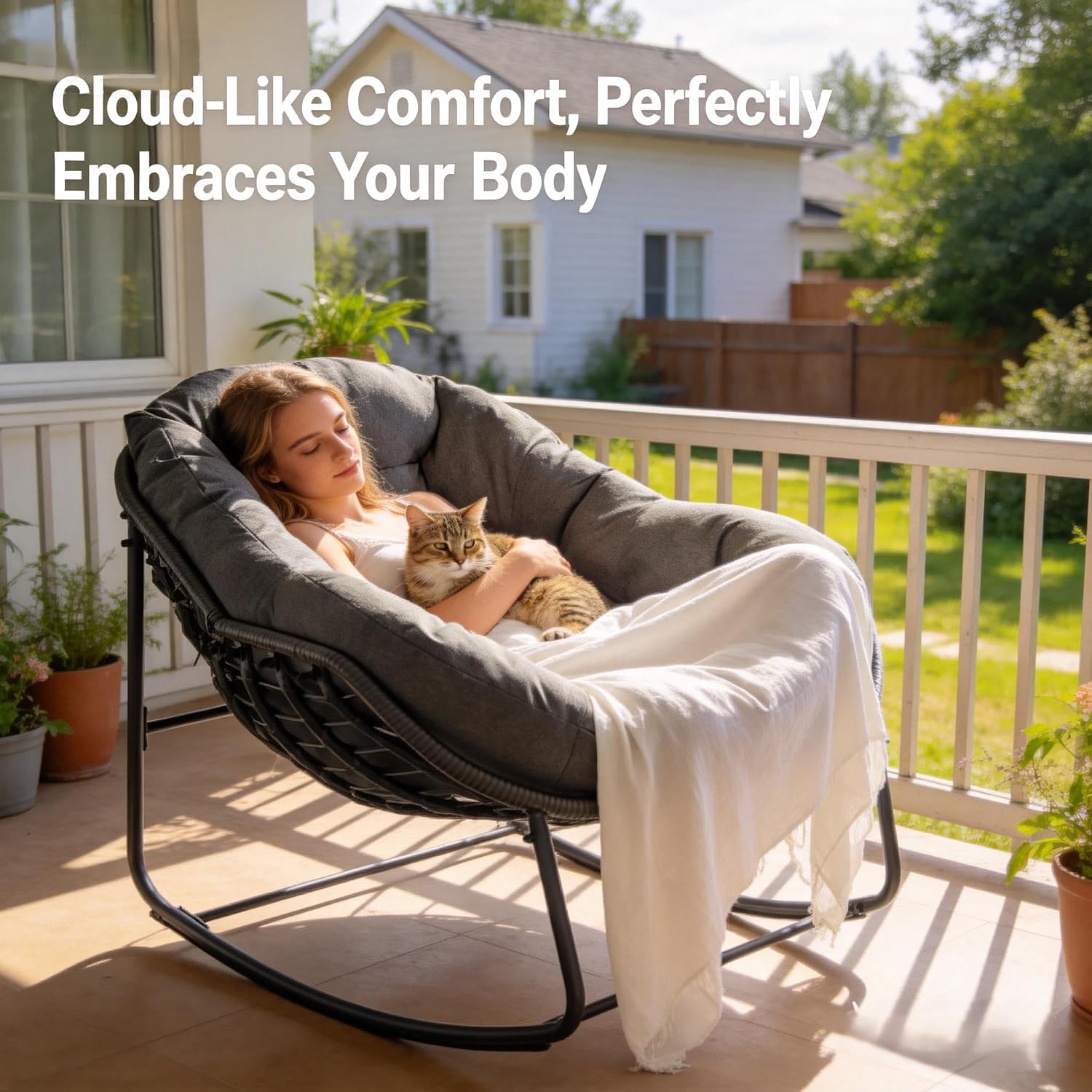 YDcosyfy Oversized Outdoor Papasan Rocking Chair Set of 2 with Soft Cushion, Comfy Patio Egg Chair, Wicker Lounge Rocker for Balcony/Porch/Garden, Reinforced All Weather Rattan Frame, Dark Grey