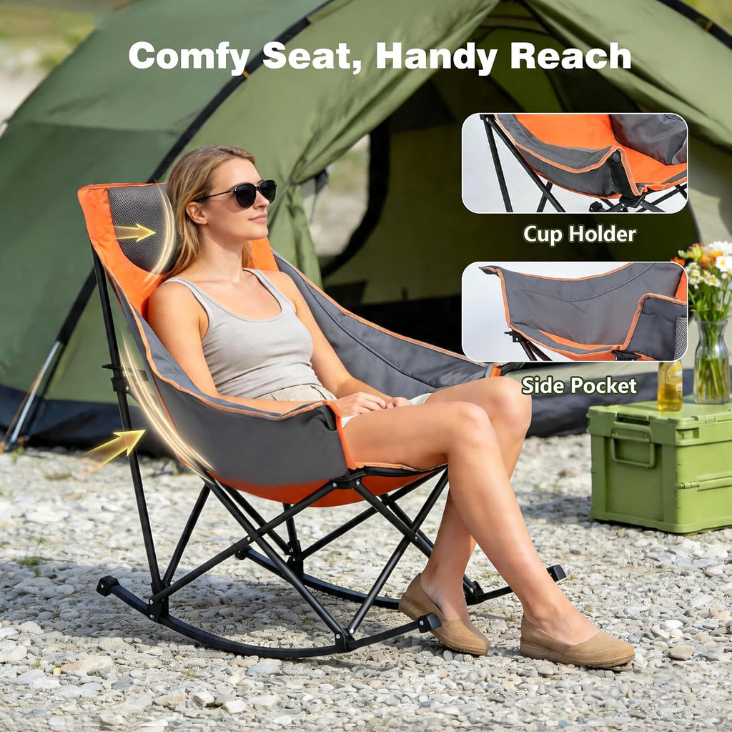 SUNNYFEEL Oversized Rocking Camping Chair 2 Pack, Fully Padded Patio Chair with Side Pocket, High Back Portable Lawn Recliner with Carry Bag, Outdoor Rocker Camp Chairs for Adults Heavy Duty 500 LBS