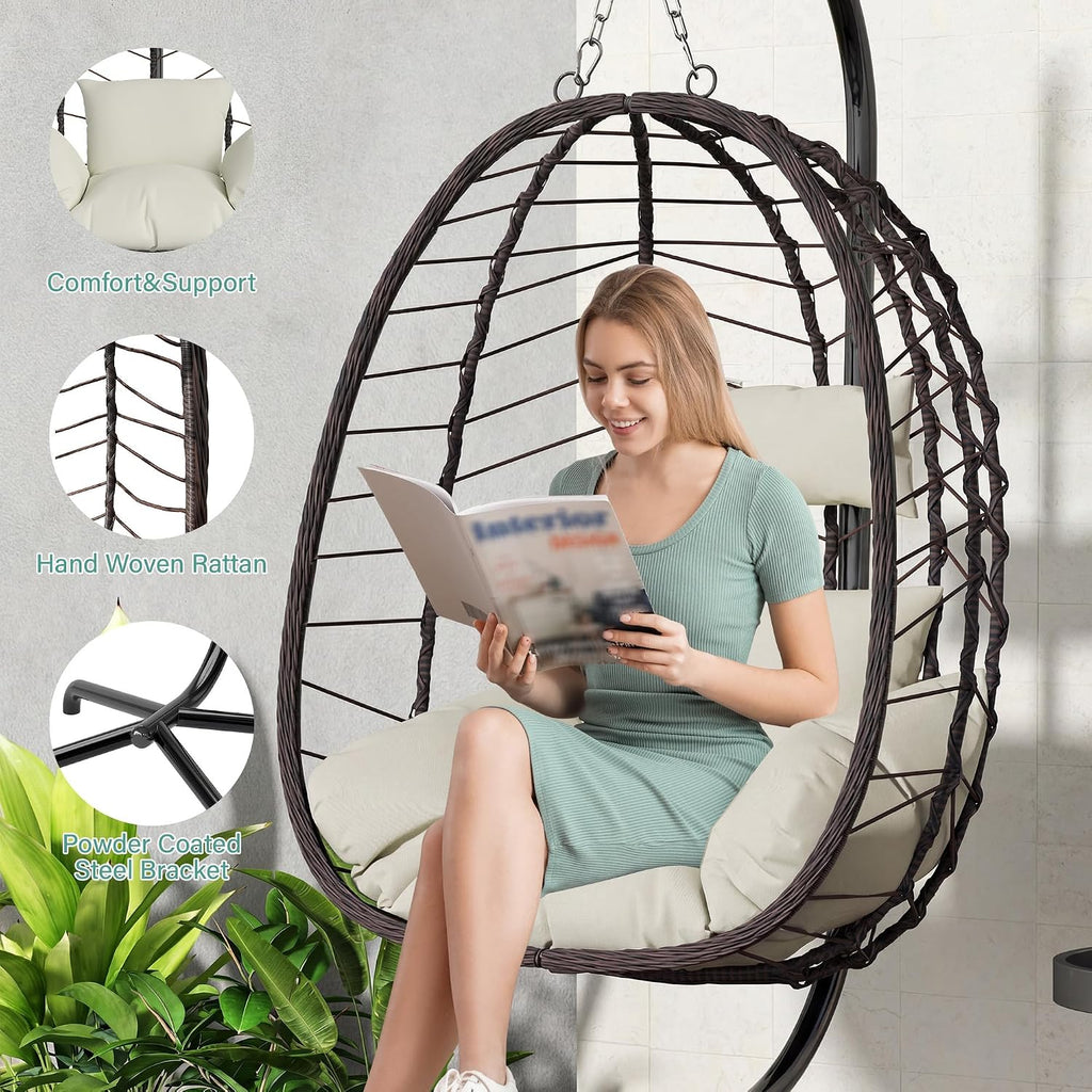 LEX CRAFT Hanging Egg Chair with Stand, Swinging Egg Chair Outdoor Indoor, Hanging Basket Chair with Cushion, Patio Wicker Hammock Chair 350lbs Capacity for Porch, Balcony, Backyard, Garden (Beige)