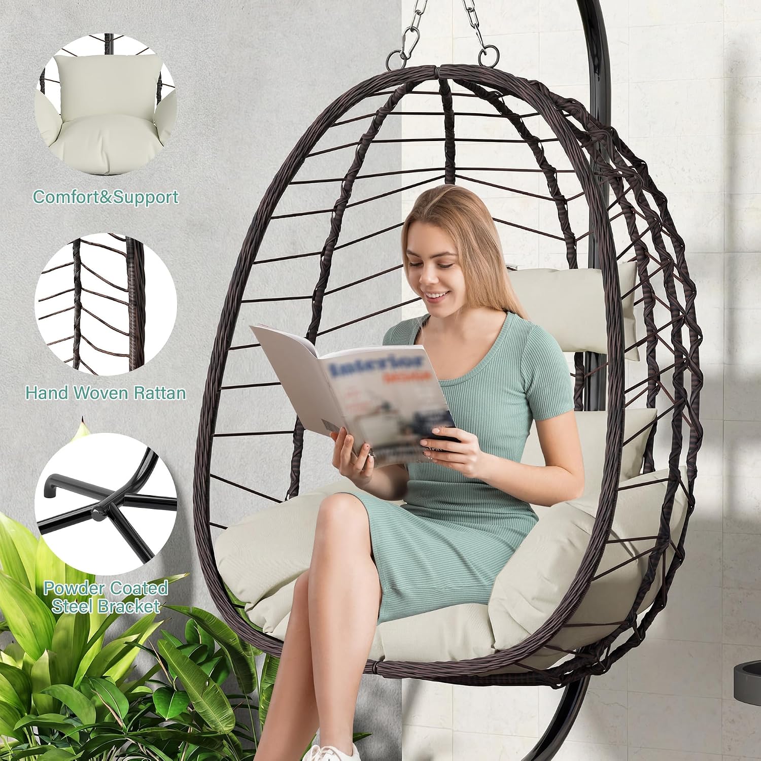 LEX CRAFT Hanging Egg Chair with Stand, Swinging Egg Chair Outdoor Indoor, Hanging Basket Chair with Cushion, Patio Wicker Hammock Chair 350lbs Capacity for Porch, Balcony, Backyard, Garden (Beige)