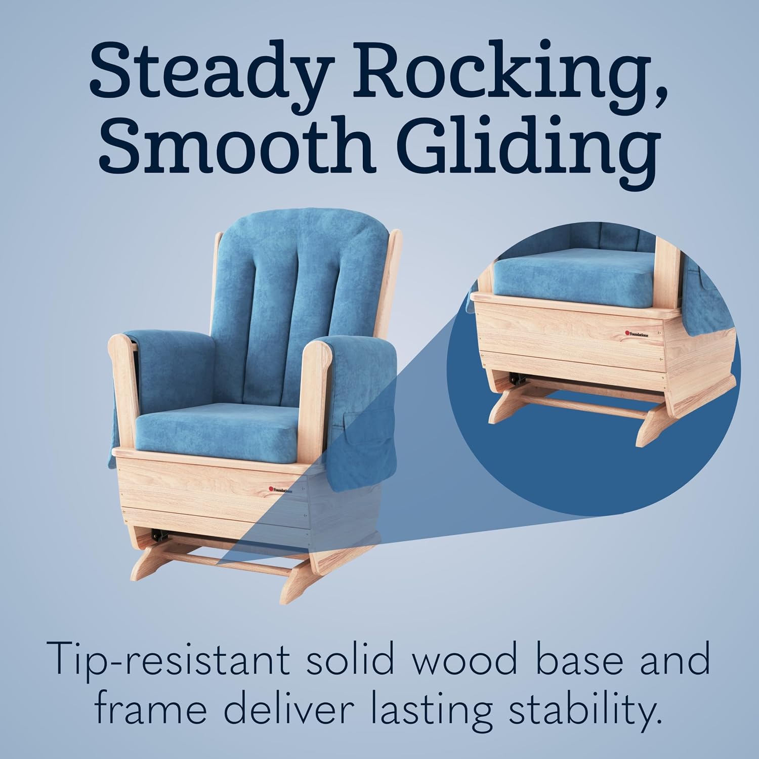 Foundations SafeRocker Standard Glider Rocker - Baby Feeding and Rocking Chair for Nursery, Daycare Environment - Nursery Rocking Chairs with Wood Skirt Base - Blue Microfiber