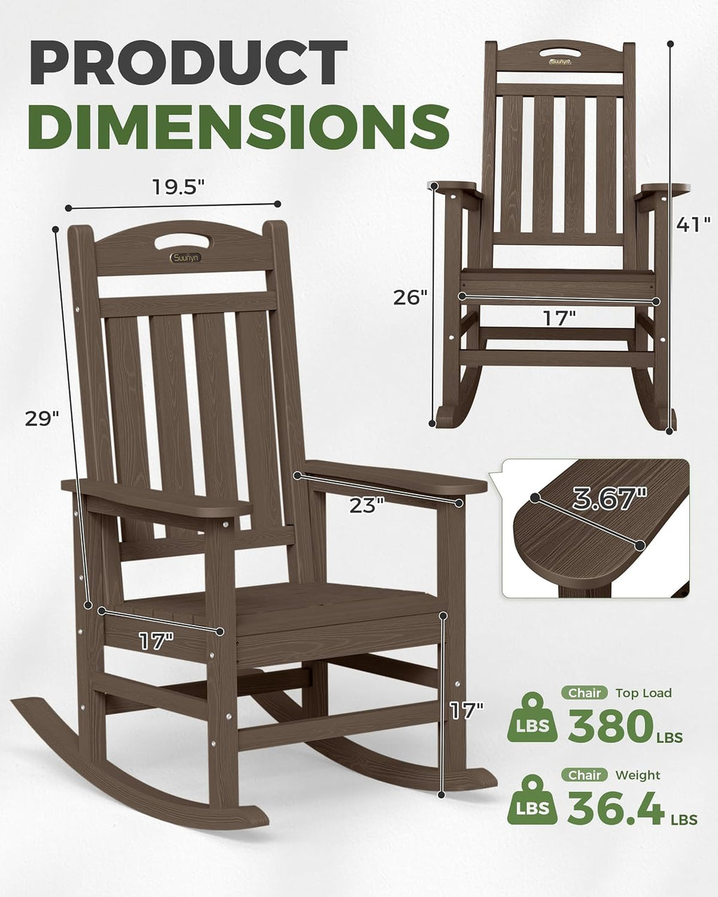 Oversized Outdoor Rocking Chairs Set of 2, High Back Porch Rocker Chair, HDPE All Weather Resistant Rocking Chairs for Patio, 380lbs Weight Capacity, Brown