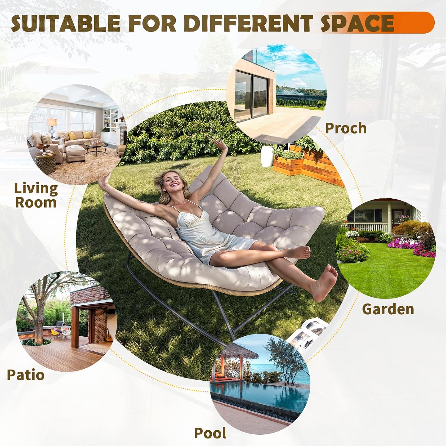 Outdoor Rocking Chair, Indoor Papasan Chair, Oversized Egg Rocking Chair with Thick Cushion, Rattan Wicker Rocker Lounge Chair for Bedroom, Living Room, Patio, Garden, Porch (Beige)