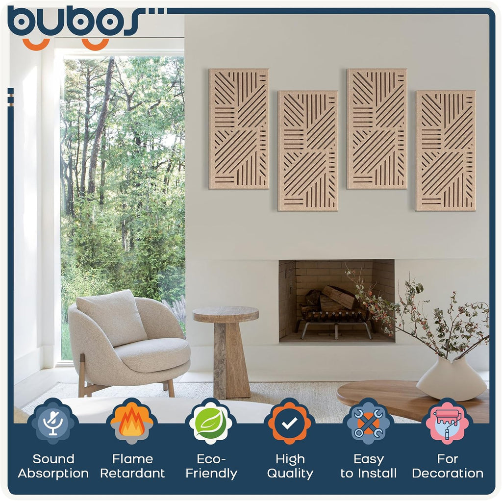 BUBOS 4 Pack Acoustic Wall Panels - Professional Self-Adhesive Sound Absorbing Slotted Cavity Panels for Enhanced Audio Clarity - High-Density Soundproofing for Home Office, Studio, Gaming & Gym-Brown