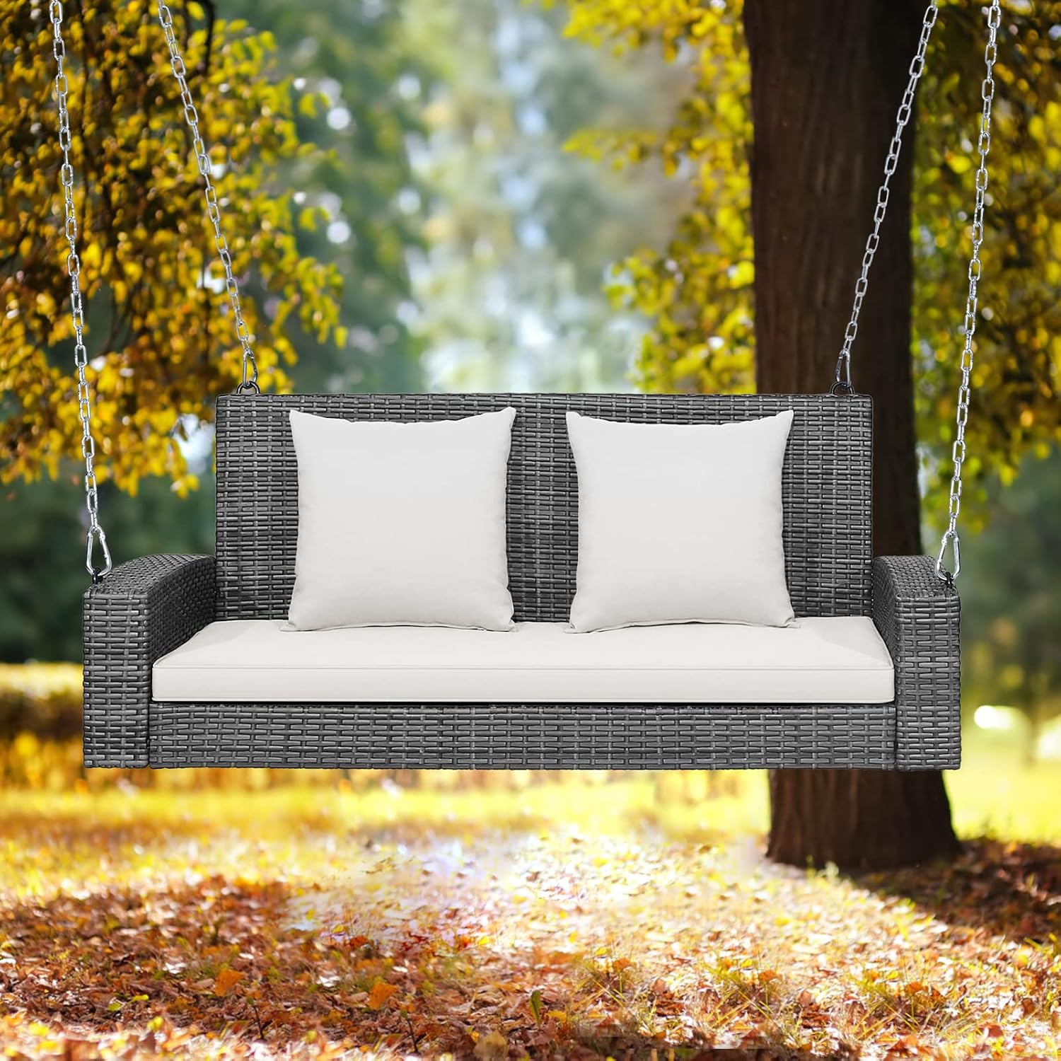 Tangkula 2 Person Wicker Hanging Porch Swing, Patiojoy Outdoor Rattan Swing with Soft Cushions and 2 Rustproof Steel Chains, 800 LBS Patio Swing Bench for Balcony, Garden and Yard