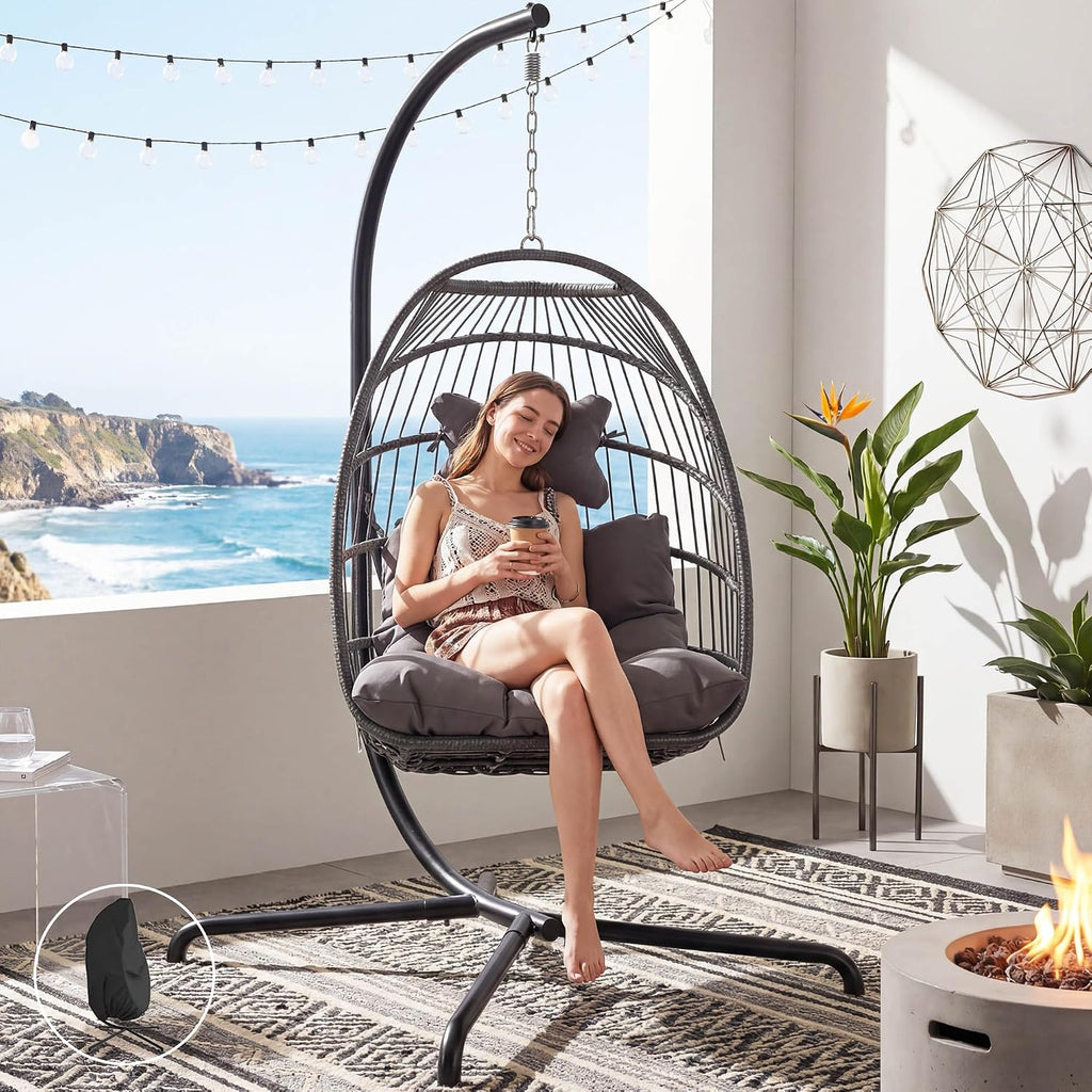 RADIATA Foldable Swing Egg Chair with Stand and Water-Resistant Cover, Outdoor Wicker Hanging Hammock Chair with Cushion, 350Lbs Heavy Duty Eggshell Basket Seat for Balcony Porch Backyard, Dark Grey