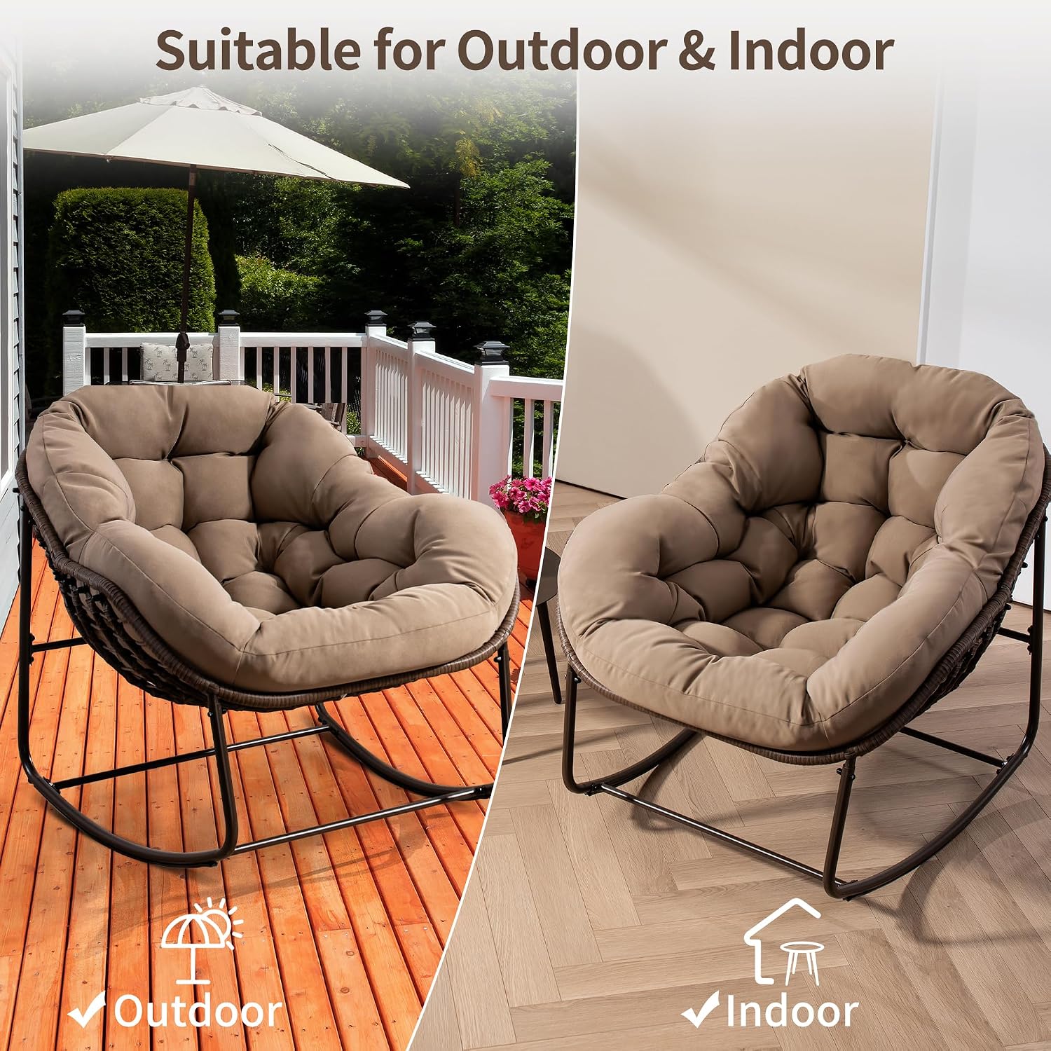 HOMEFUN Outdoor Patio Rocking Chairs, Oversized Papasan Rock Chair Indoor with Padded Cushion - Rocker Egg for Front Porch, Garden, Backyard Khaki