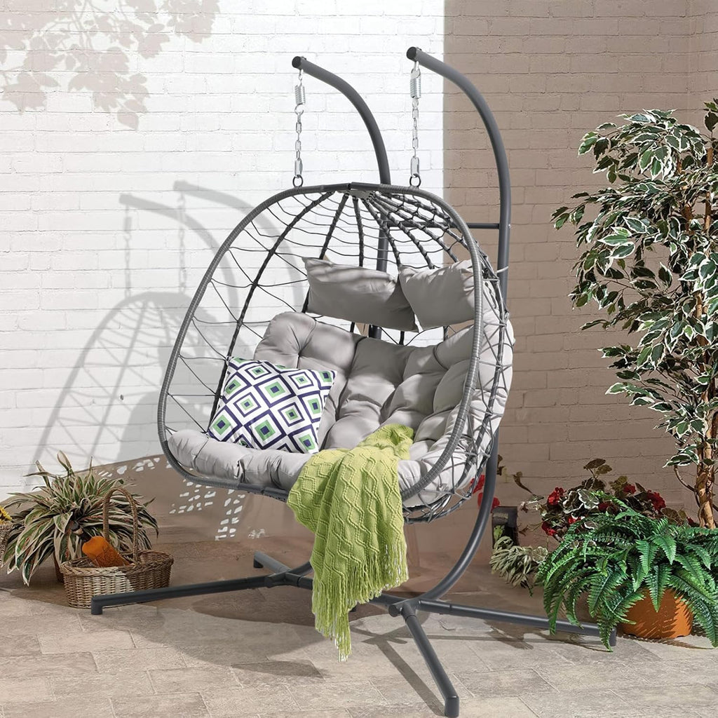 Patiorama 2 Person Double Egg Swing Chair with Stand Indoor Outdoor, Patio Wicker Rattan Hanging Egg Chair w/Cushion, Pillow, Foldable Hammock Chair 550lbs for Bedroom, Balcony, Garden (Light Grey)