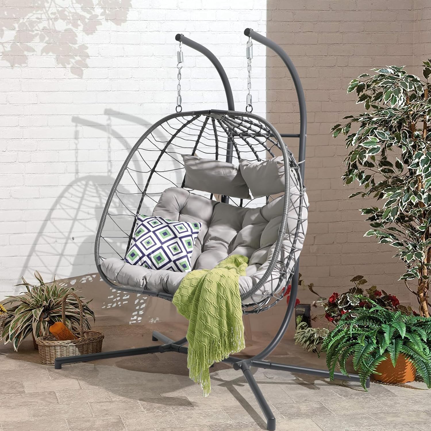 Patiorama 2 Person Double Egg Swing Chair with Stand Indoor Outdoor, Patio Wicker Rattan Hanging Egg Chair w/Cushion, Pillow, Foldable Hammock Chair 550lbs for Bedroom, Balcony, Garden (Light Grey)