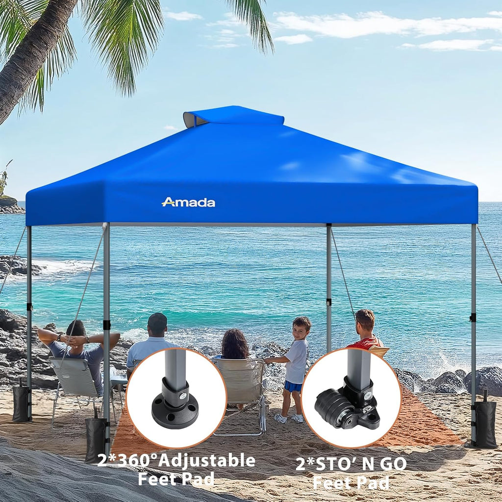 Amada 12x12 Pop Up Canopy - Center Lock One Push Instant Setup Wheeled Gazebo Outdoor Canopy Beach Tent with STO-N-Go Bag 8 Stakes & 4 Sand Bags, 3-Height Adjustable Shade Shelter (12x12ft, Blue)