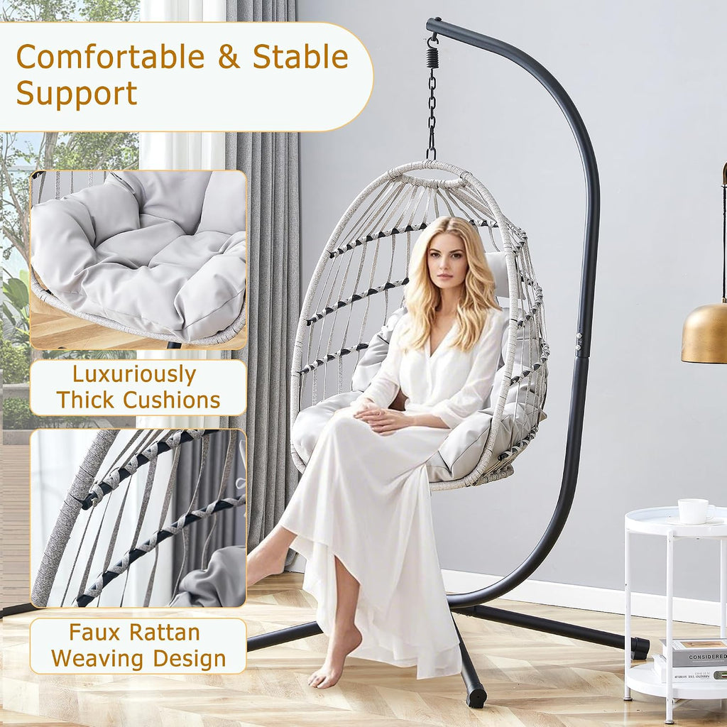 Swing Egg Chair with Stand, Outdoor Hanging Chair with Cushion and Headrest, Rattan Egg Chair for Backyard, Balcony, Indoor, 300lbs Capacity, Grey