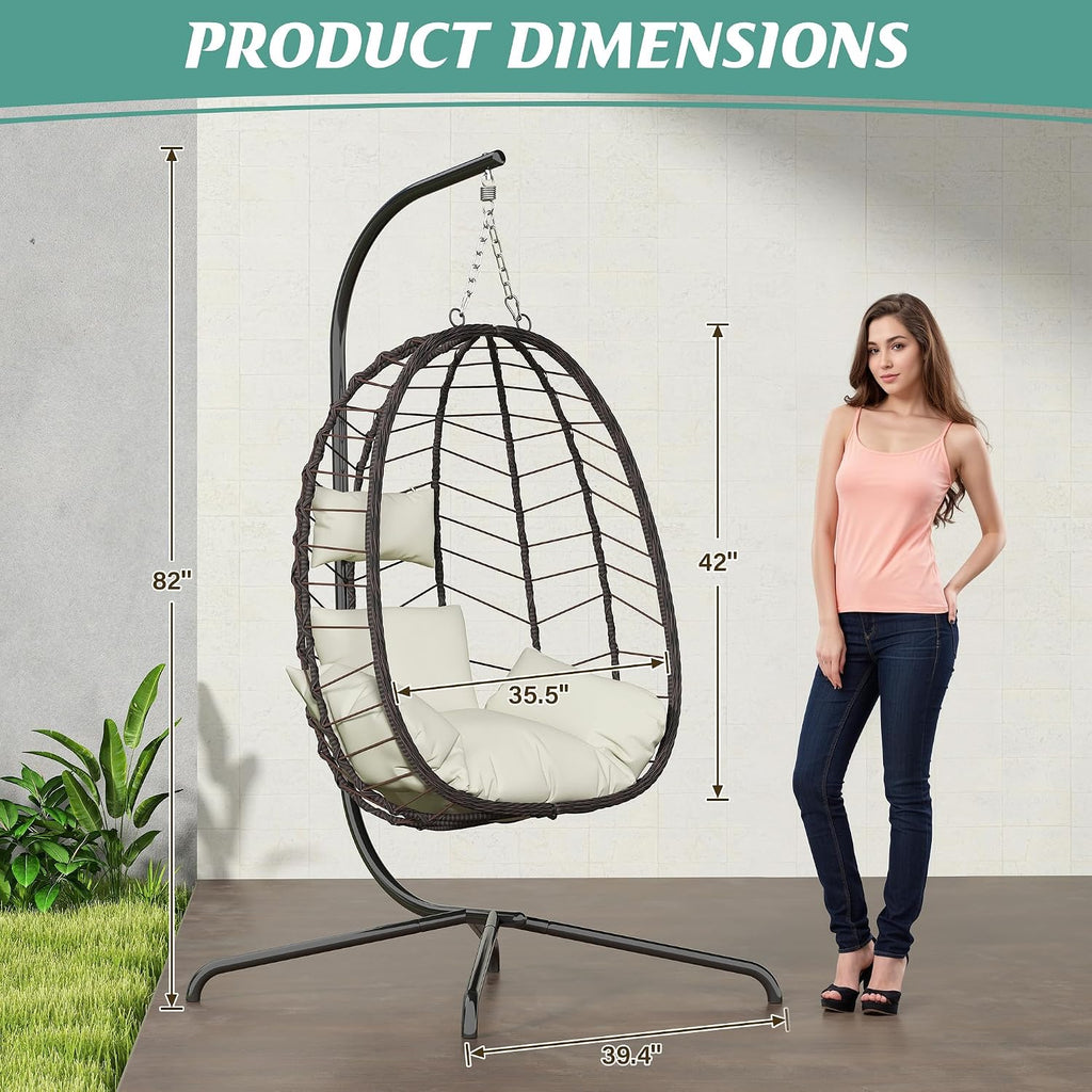 Egg Chair with Stand, Patio Wicker Hanging Chair, Hammock Swing Chair, 350LBS Capacity for Bedroom, Balcony(BR-BE)