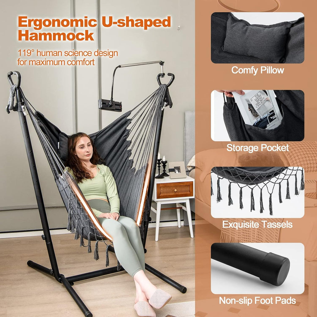 Giantex Hanging Swing with Stand - Hammock Chair with Phone Holder, Pillow, Storage Pocket, Carrying Bag, 6 Adjustable Height, Heavy Duty Metal Hammock for Patio Garden Yard, 550 lbs Capacity