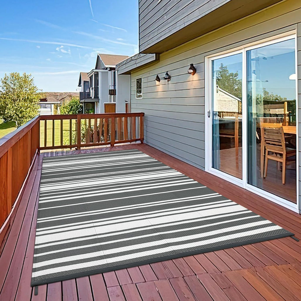 Garvee Outdoor Rug 9 ft x 18 ft Waterproof Plastic Straw Patio Rug, Outdoor Large Area Rug Mats for Camper Indoor Outdoor Carpet for Rv Deck Porch Picnic Beach Balcony (Grey)