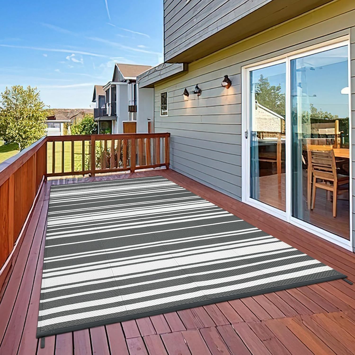Garvee Outdoor Rug 9 ft x 18 ft Waterproof Plastic Straw Patio Rug, Outdoor Large Area Rug Mats for Camper Indoor Outdoor Carpet for Rv Deck Porch Picnic Beach Balcony (Grey)