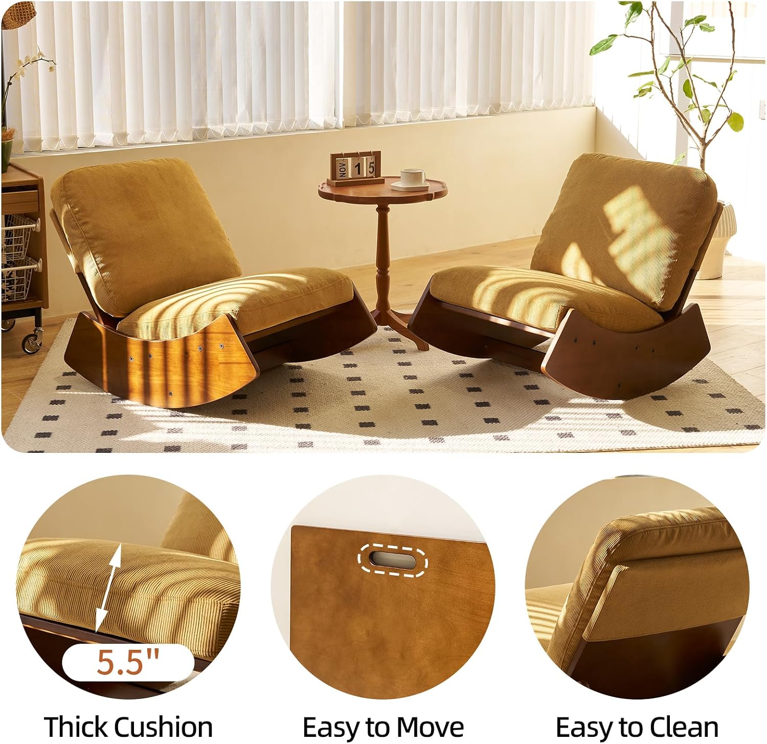 HAZO Nursery Rocking Chair Corduroy Fabric Upholstered Tall Back Glider Rocker Rocking Accent Chair Comfy Single Sofa Side Chair for Living Room Bedroom Hotel, Bedroom, Baby Room (Tan)
