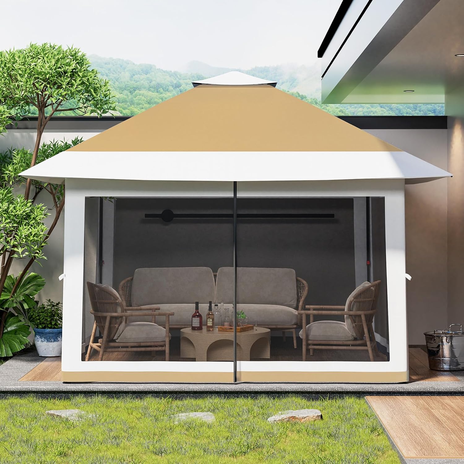 12x12 Pop Up Gazebo Outdoor Canopy Tent, Outdoor Gazebo with 4 Sandbags, Double Tiers & Mesh Netting for Lawn, Garden, Backyard & Patio Furniture Khaki