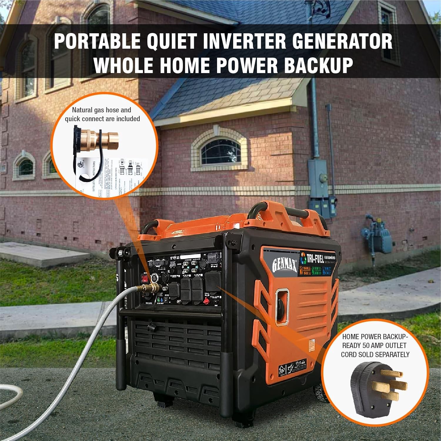 GENMAX Tri Fuel Generator,10500-Watt 458cc Tri Fuel Gasoline Propane Natural Gas Portable 50A Generator with Remote Start,Ideal for Home backup power.