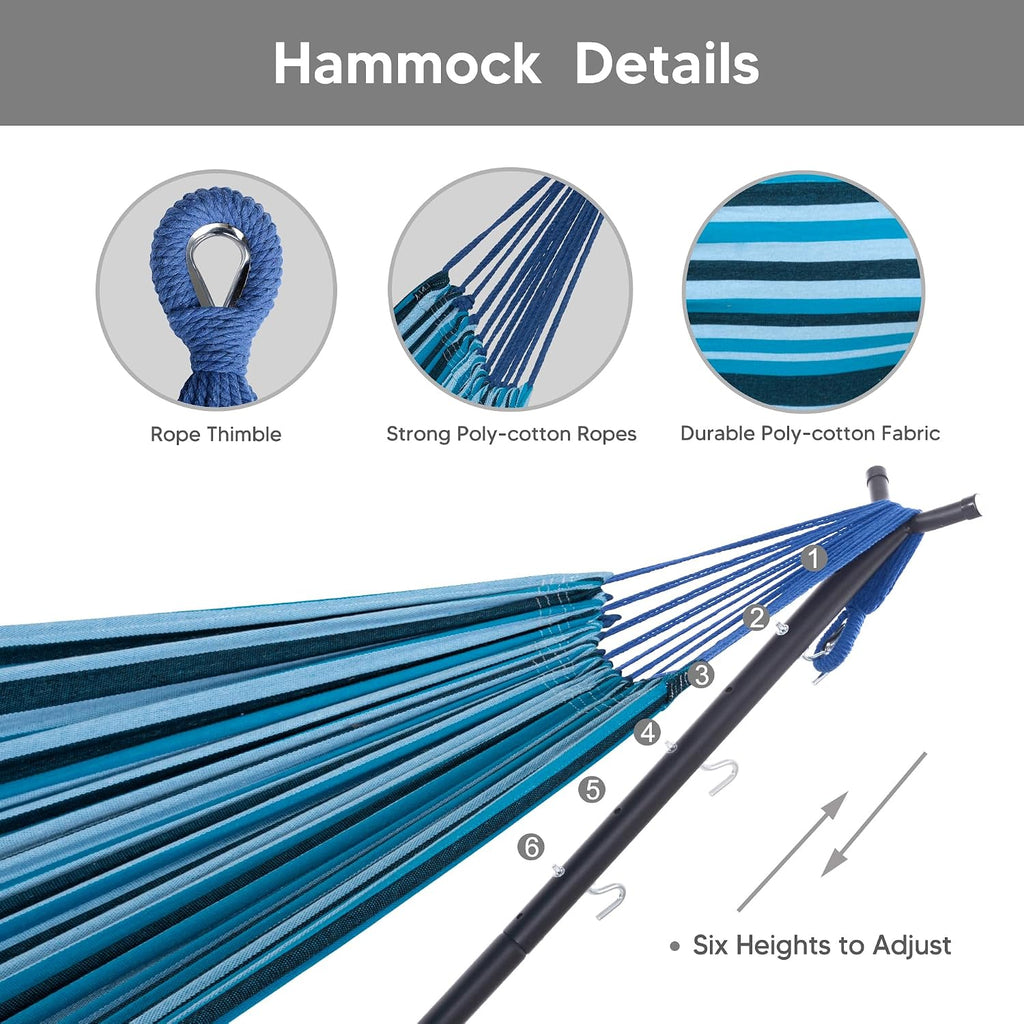 SUNCREAT 2-in-1 Convertible Backyard Fabric Hammock with Stand, Large Hammocks for Outside, Blue Stripes