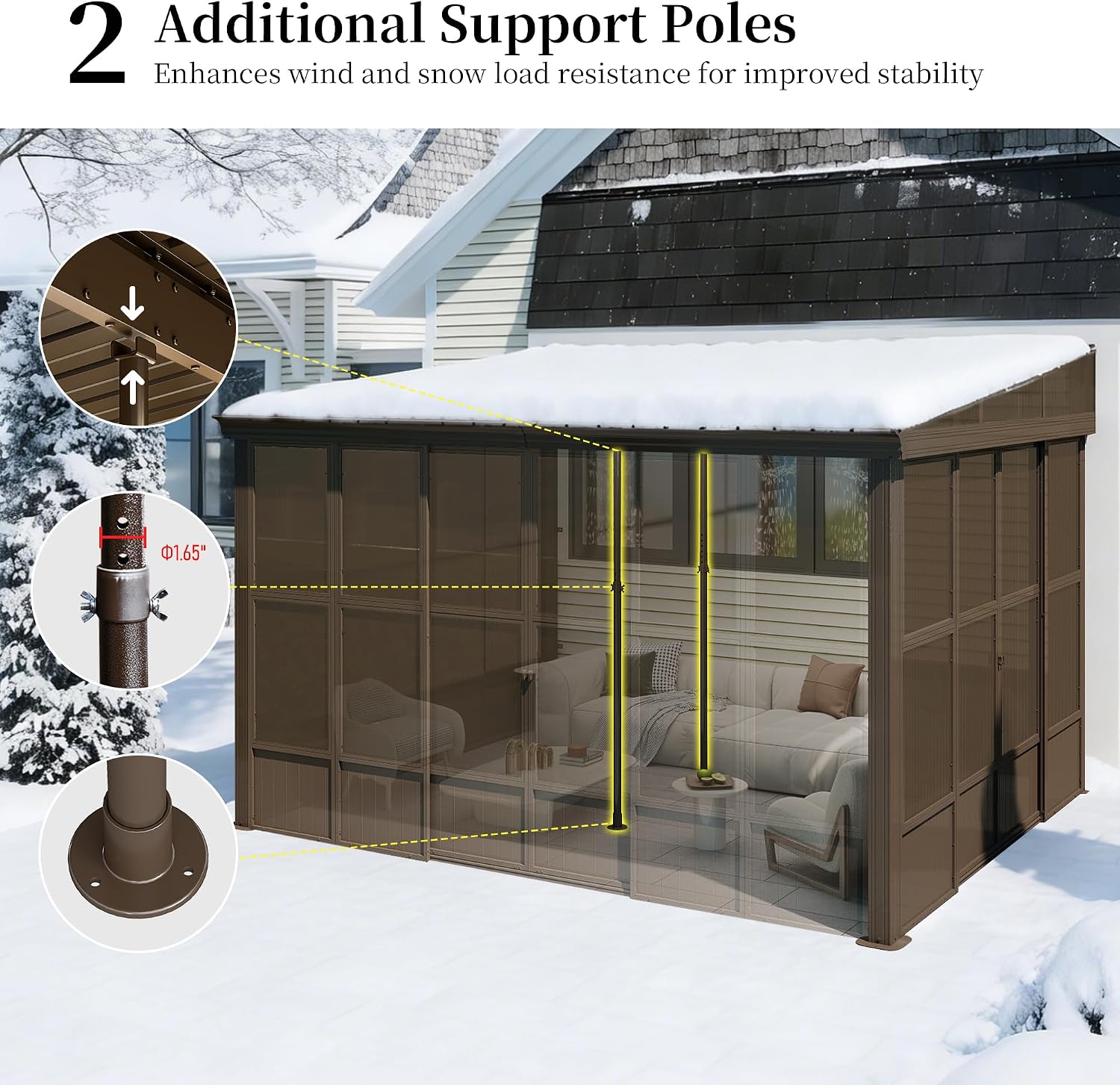 Domi 10x12FT Sunroom, Wall Mounted Sunroom Kit with Galvanized Steel Sloping Roof, Outdoor Sunroom Gazebo with Detachable PC Screen, 3 Sliding Double Doors, Lean to Sun Room for Patio, Deck