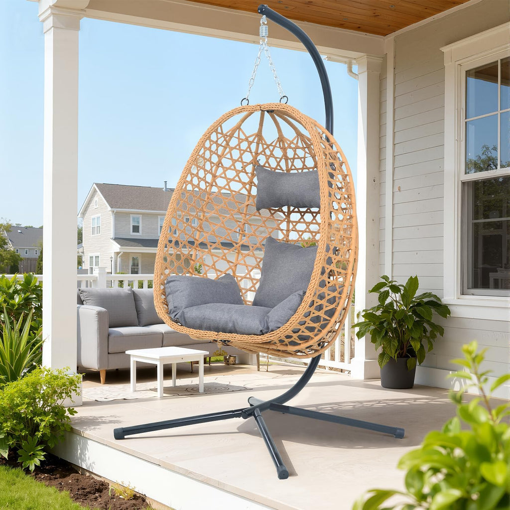 Hanging Egg Chair with Stand & Cushions - All-Weather Rattan Swing Chair for Patio, Balcony, Garden (Modern Boho Design, Ready-to-Use Indoor Outdoor)-Grey