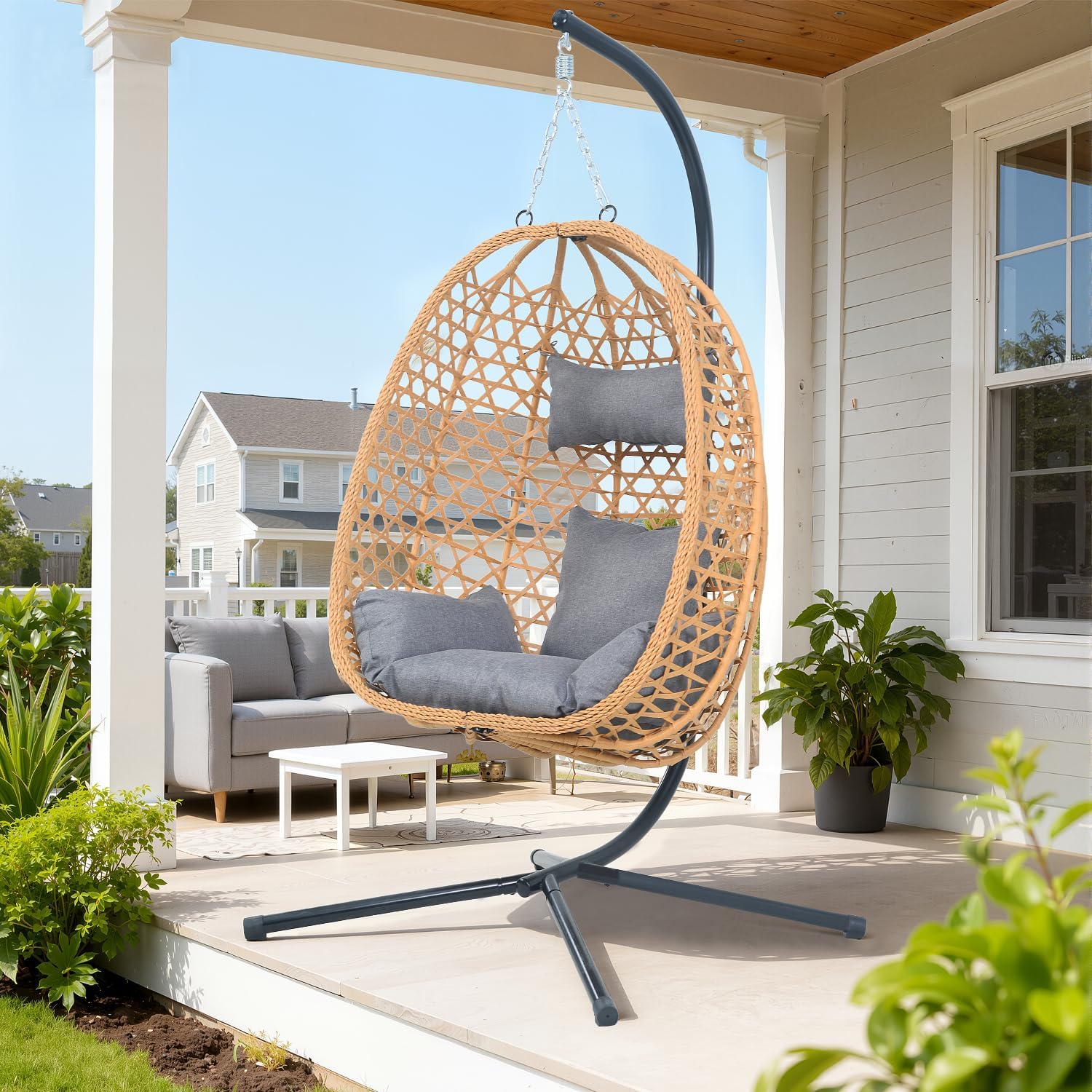 Hanging Egg Chair with Stand & Cushions - All-Weather Rattan Swing Chair for Patio, Balcony, Garden (Modern Boho Design, Ready-to-Use Indoor Outdoor)-Grey