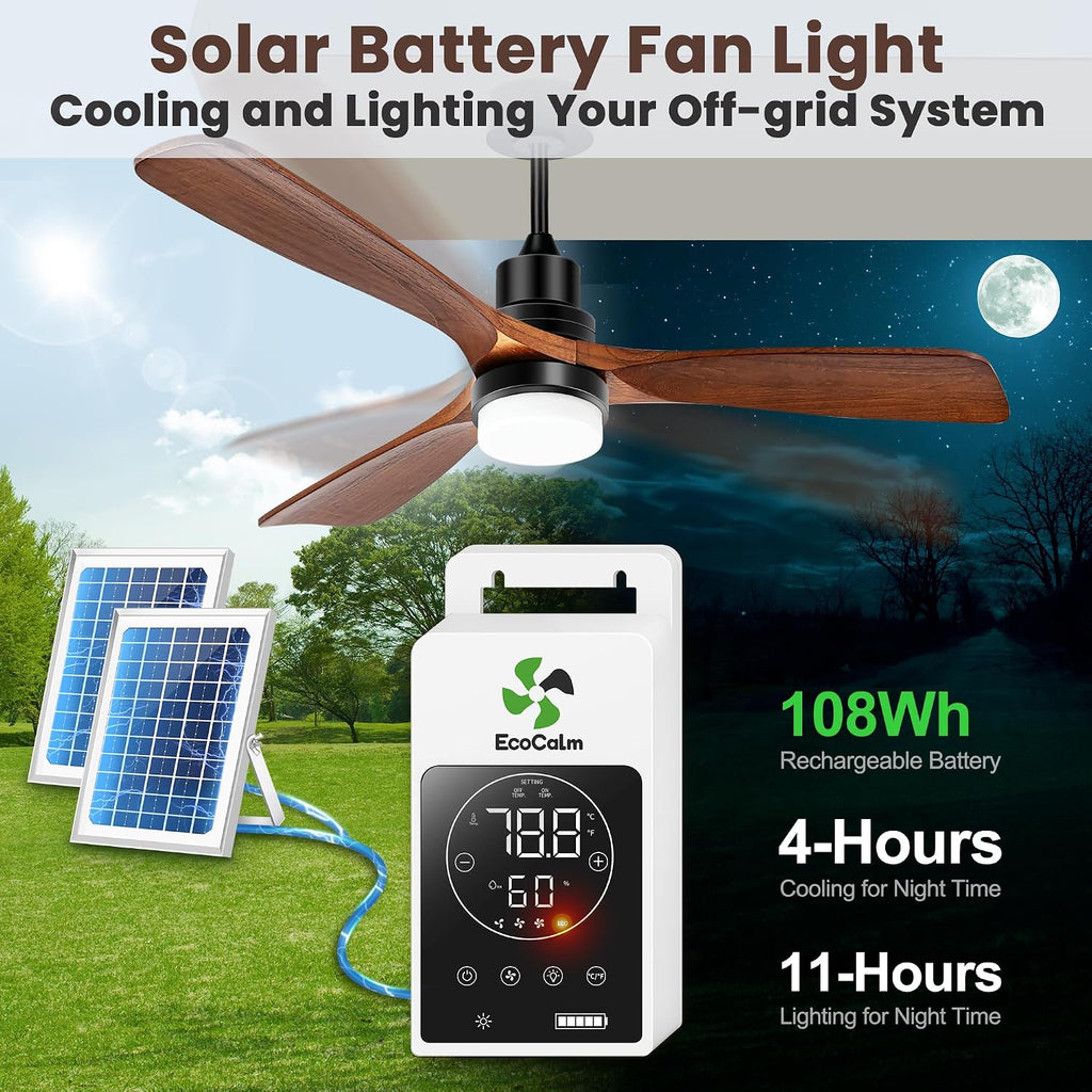 Solar Ceiling Fan 42' for Outside 3 Speeds, Outdoor Ceiling Fans with Light & Battery, Quiet Wood Walnut Fan with Adjustable Thermostat for Gazebo, Patios