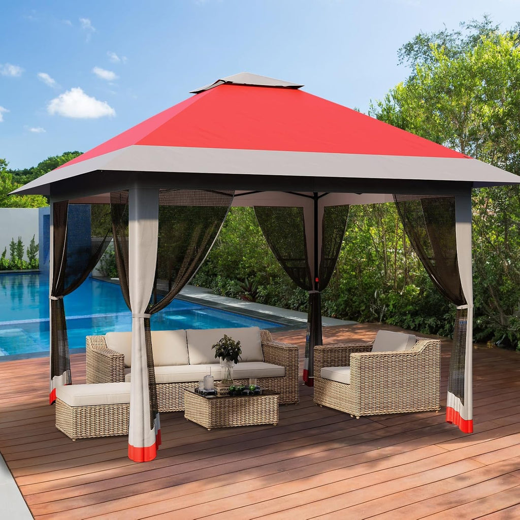 13'x13' Pop Up Gazebo, Outdoor Canopy Tent with Mosquito Netting, Pop Up Canopy with Double Roof Design & Adjustable Height, UV-Resistant Patio Gazebo Sunshade for Graden/Backyard/Lawn/Beach (Red)