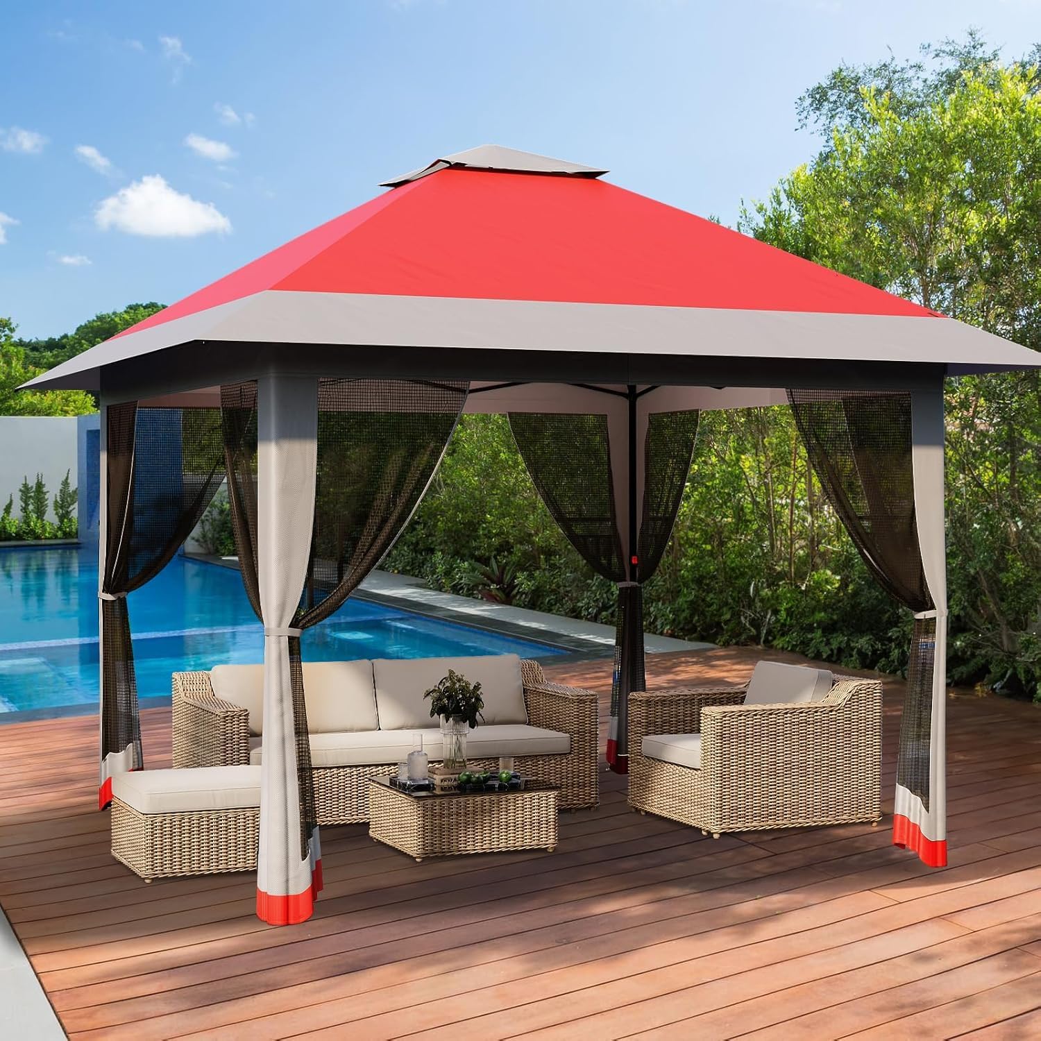 13'x13' Pop Up Gazebo, Outdoor Canopy Tent with Mosquito Netting, Pop Up Canopy with Double Roof Design & Adjustable Height, UV-Resistant Patio Gazebo Sunshade for Graden/Backyard/Lawn/Beach (Red)