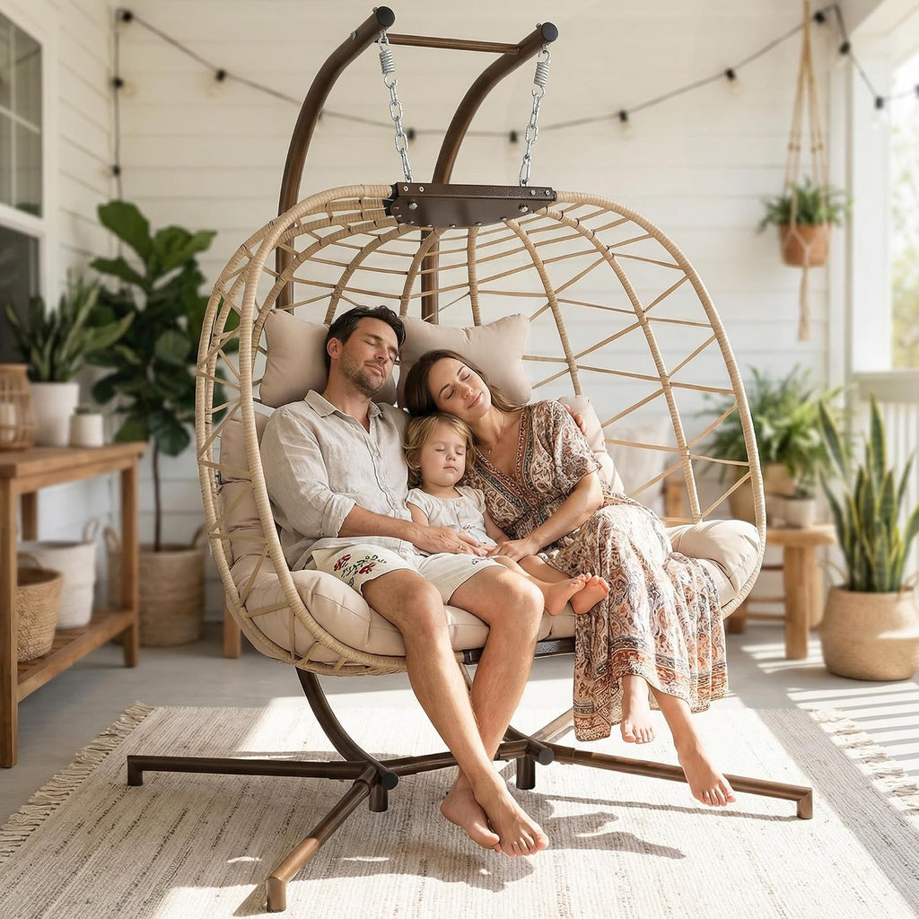 BULEXYARD 2 Person Double Egg Swing Chair with Stand, Oversized Boho Hanging Hammock Wicker Loveseat with Cushion, Comfy Outdoor Patio Chair for Balcony Backyard Bedroom, Beige