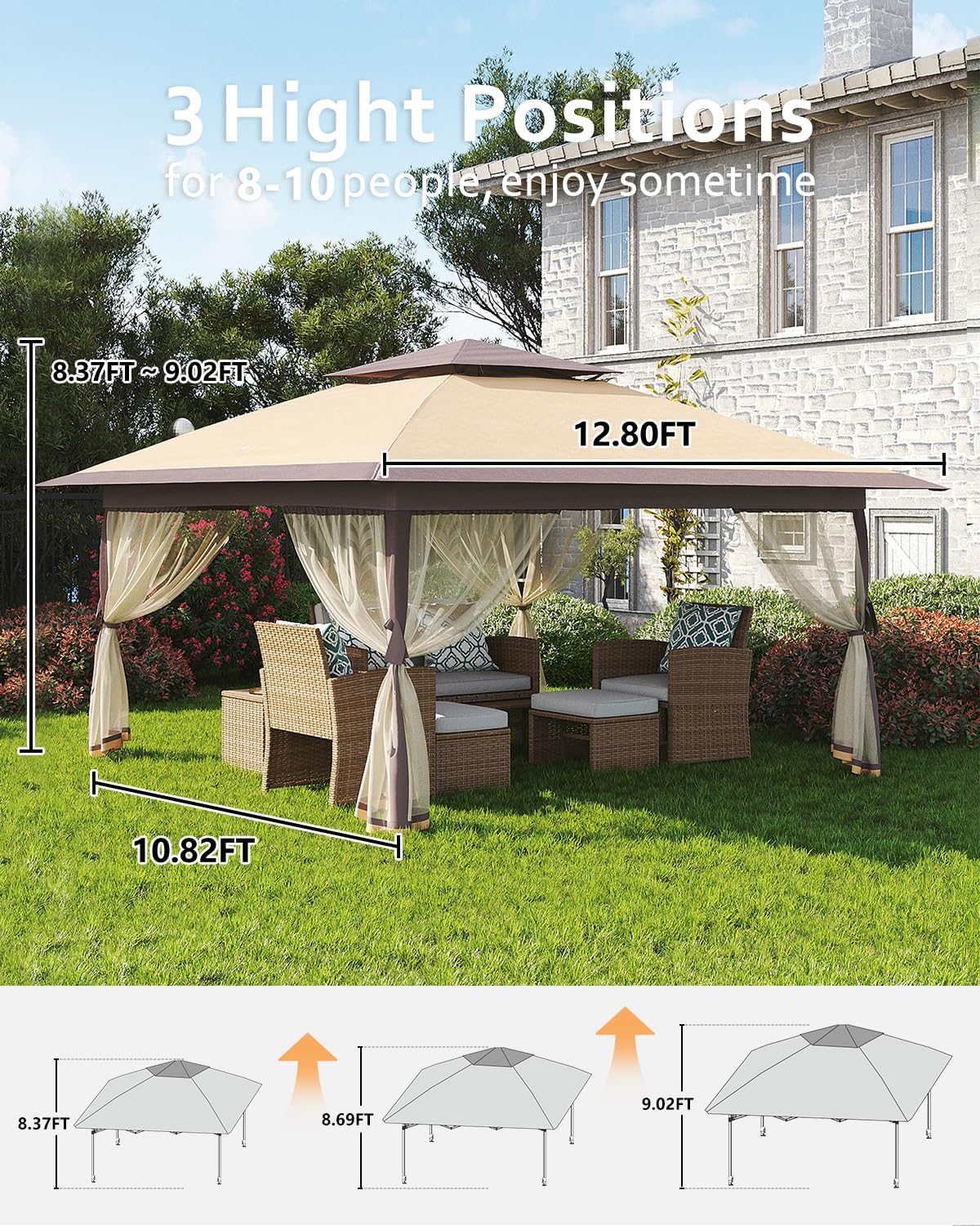 13x13 Canopy Tent, Pop Up Gazebo with Mosquito Netting, Outdoor Gazebo with 4 Sandbags & Wheeled Bag, pop up Canopy for Backyard & Patio Furniture, Patio, Deck