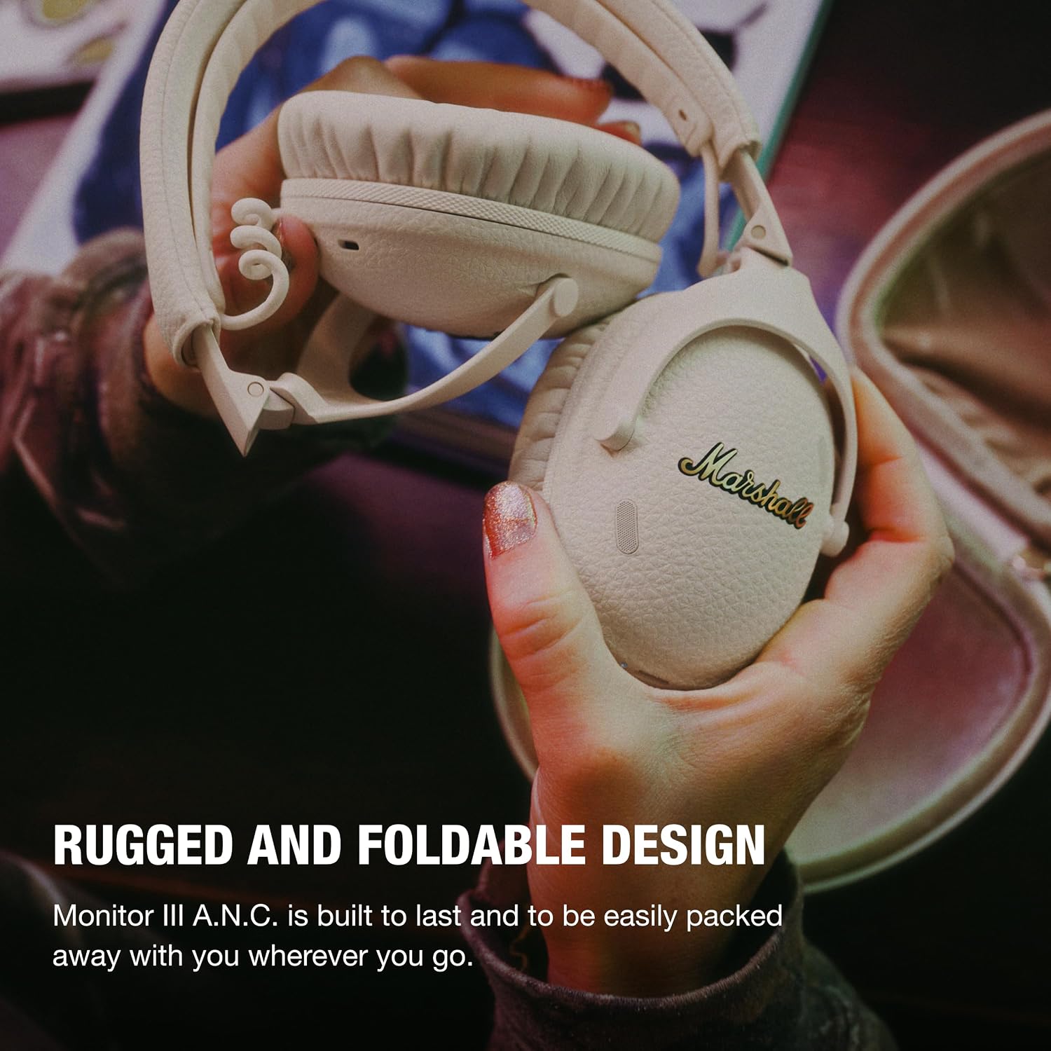 Marshall Monitor III A.N.C. Wireless Over-Ear Bluetooth Headphones - Active Noise Cancelling with Microphone | 100+ Hr Playtime | Lightweight, Foldable Design for Travel - Cream