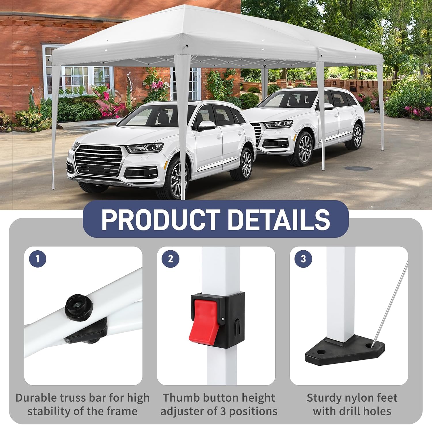 VINGLI 10'x20' Pop Up Canopy Tent Portable Instant Gazebo Party Tent with Carry Bag Outdoor Canopy for Outdoor Events, Party, Wedding (White)