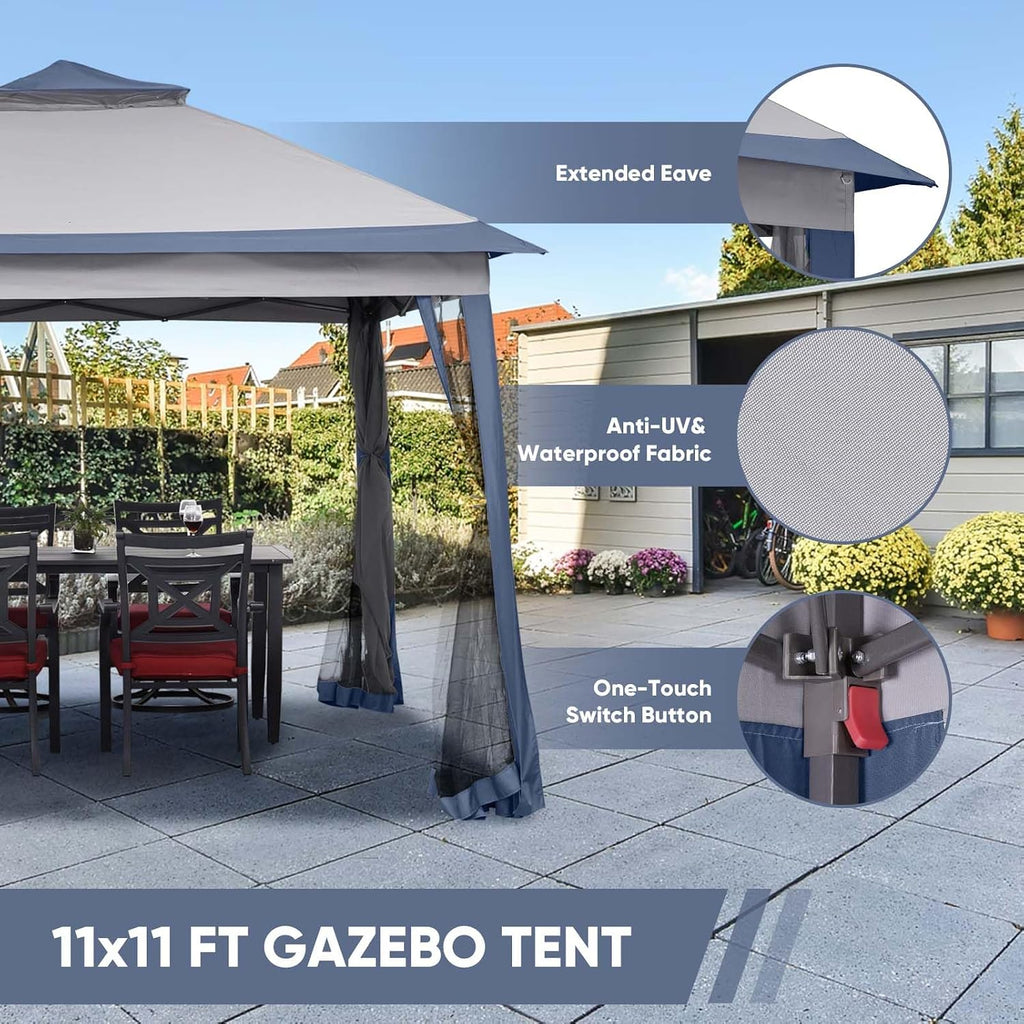 11x11 FT Gazebo Tent, Outdoor Tents for Parties with Mosquito Netting, Folding Heavy Duty Height Adjustable Canopy Tent for Patio Backyard Garden (Blue)