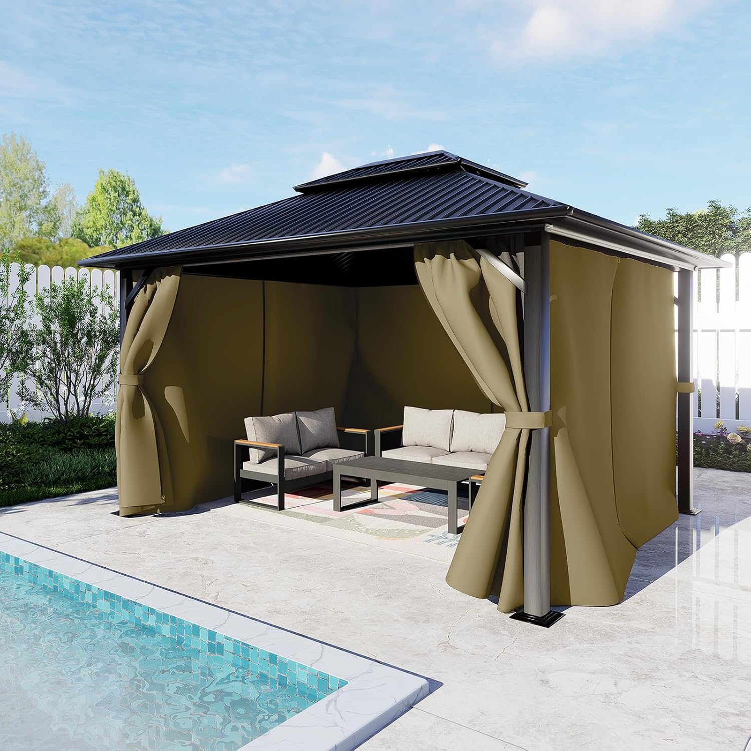 BPS 12' x 16' Gazebo Privacy Curtains with Double Zipper, 4-Panels Side Wall Universal Gazebo Side Panels Replacement for Patio, Outdoor Canopy, Garden and Backyard (Curtain Only)