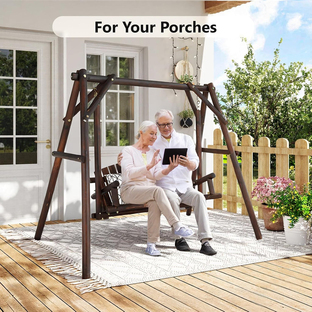 VINGLI Heavy Duty 880 LBS Wooden Patio Porch Swing with A-Frame Stand, Hanging Swing Bench Chair with Frame for Outside, Yard, Garden (Rustic Sequoia Dusk)