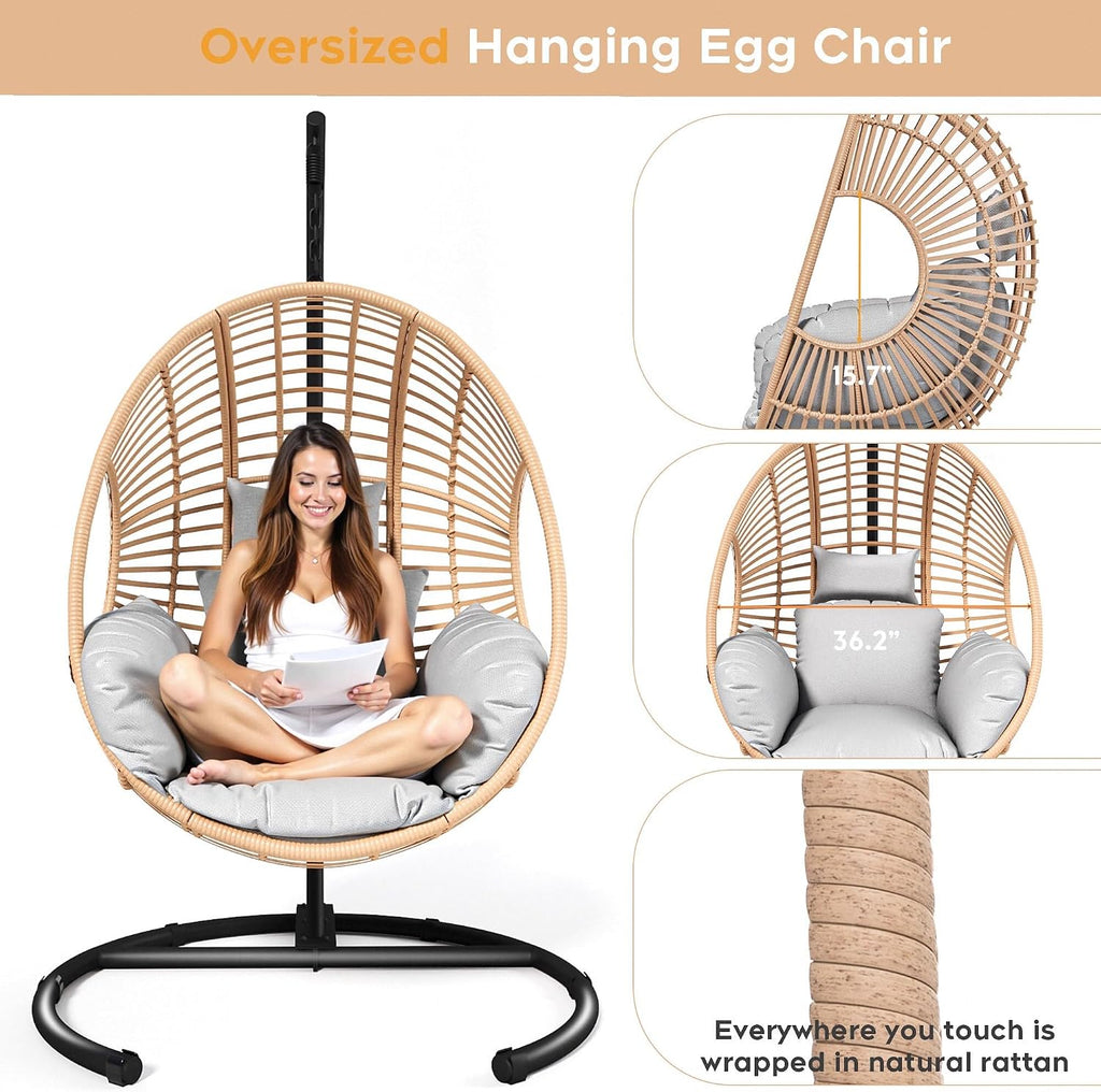 Hanging Egg Chair with Stand, Outdoor Swing Egg Chair with Rain Cover, 400 LBS Capacity All-Weather PE Wicker Swing Chair with Waterproof Cushions