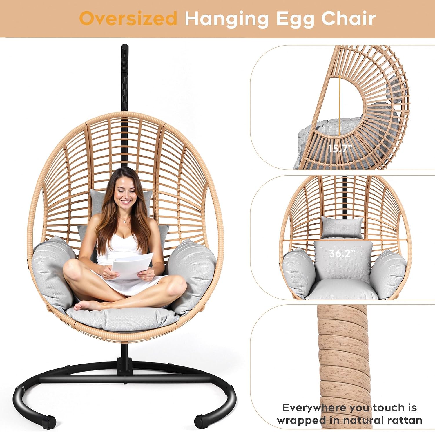 Hanging Egg Chair with Stand, Outdoor Swing Egg Chair with Rain Cover, 400 LBS Capacity All-Weather PE Wicker Swing Chair with Waterproof Cushions
